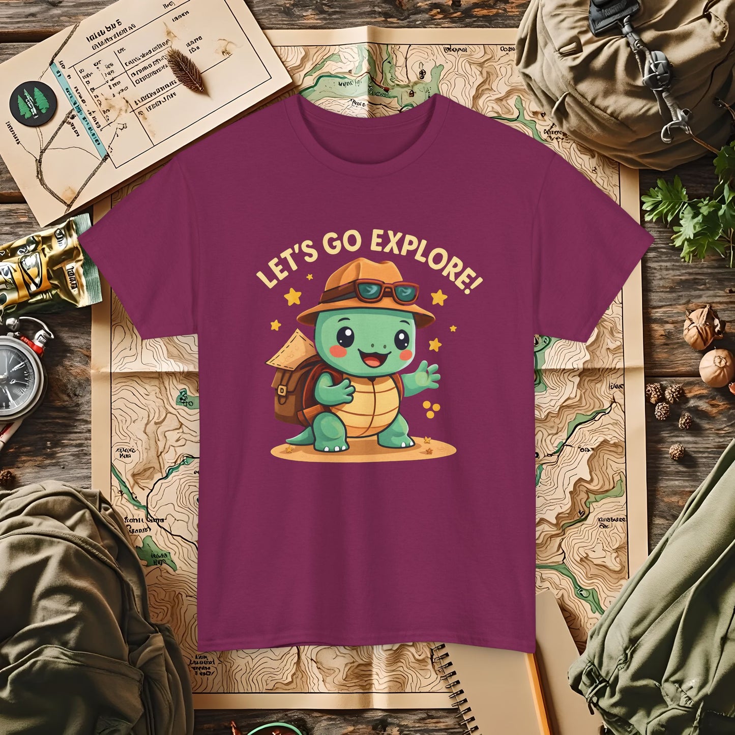 Let’s Go Explore T-Shirt – Cute Turtle Explorer with Travel Gear Design | Camping, Hiking, Rafting & Kayaking Tees for Nature Lovers
