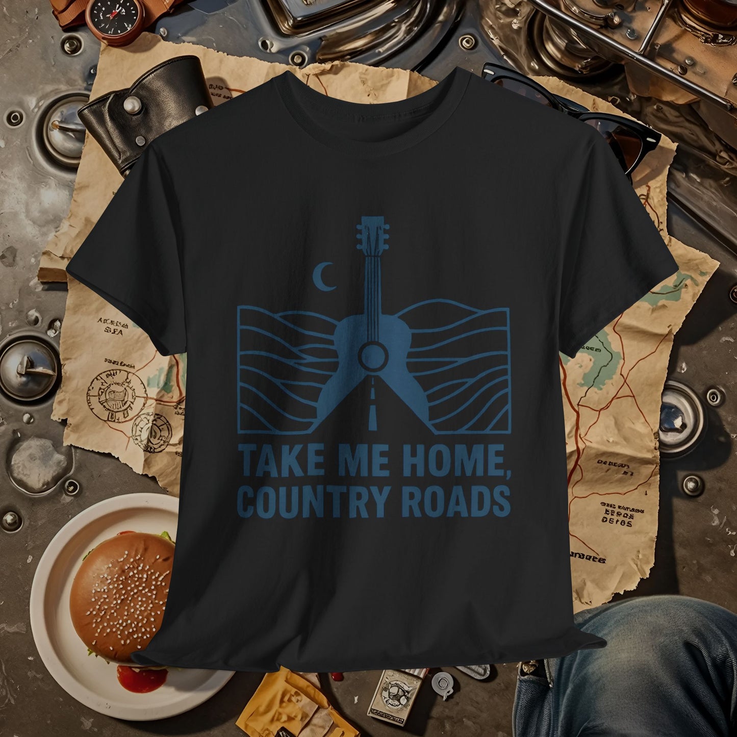 Take Me Home, Country Roads T-Shirt – Guitar Horizon & Open Highway Design Road Trip & Vehicle Travel T-Shirts | Car, RV, and Motorcycle Adventure Tees