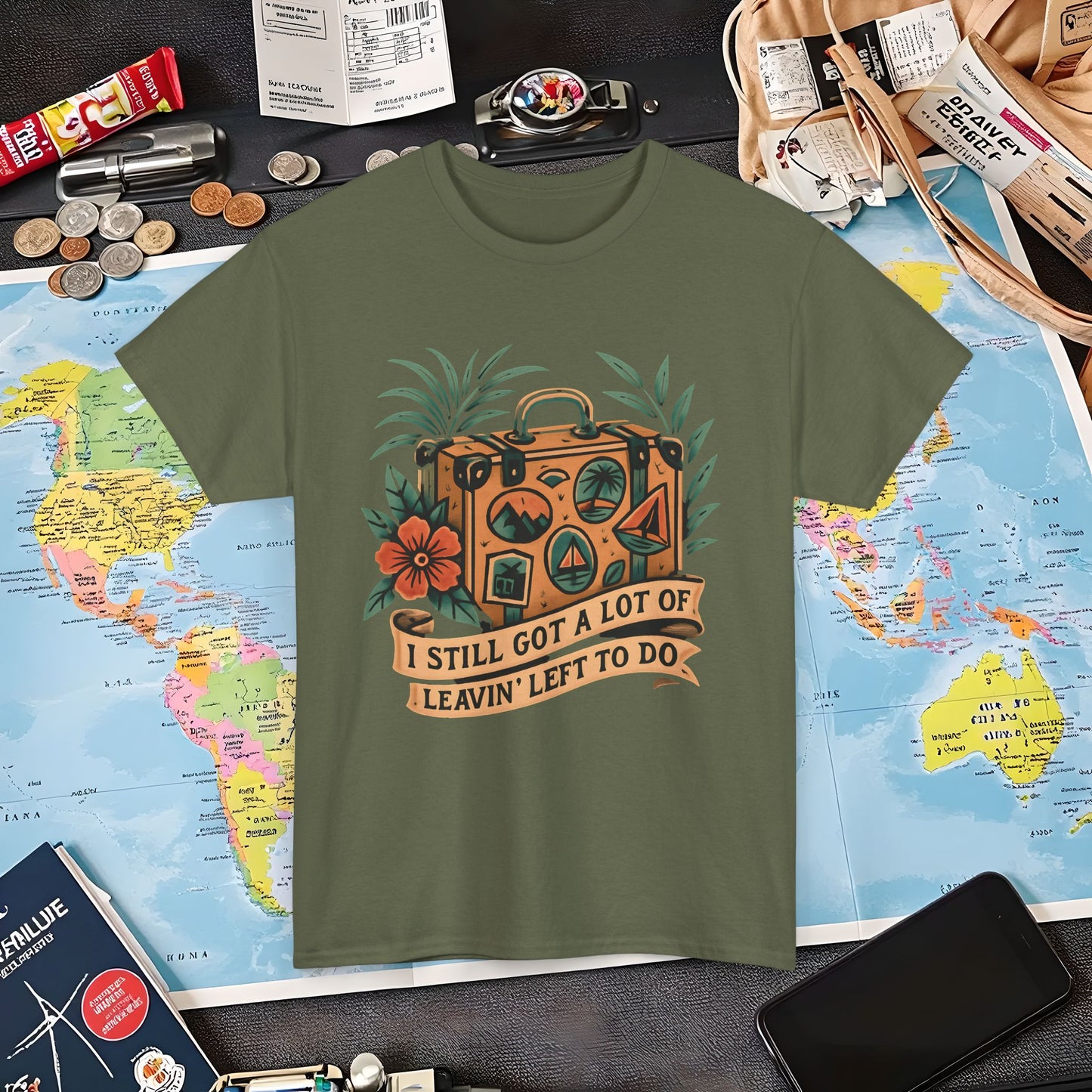 I Still Got a Lot of Leavin’ Left to Do T-Shirt – Vintage Suitcase with Tropical Travel Vibes