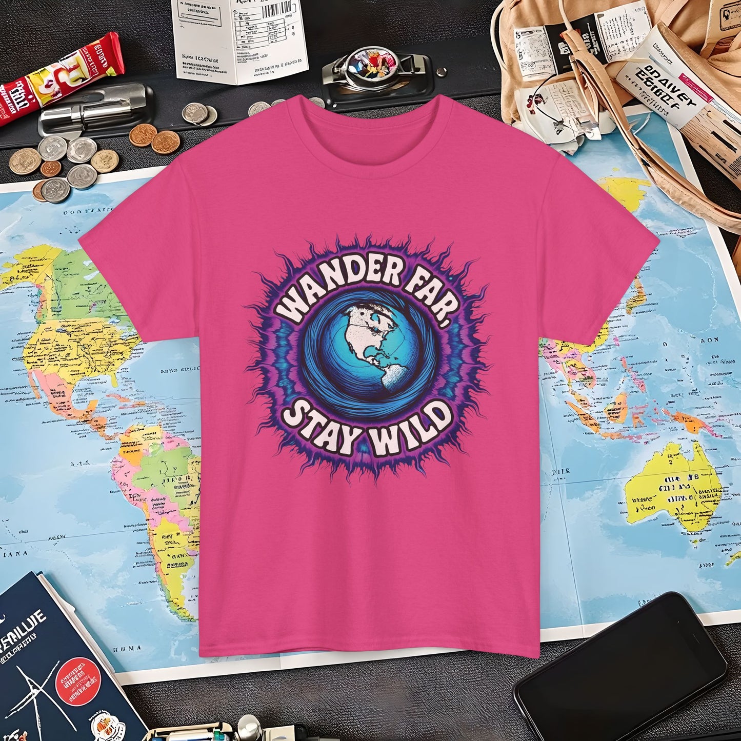 Wander Far, Stay Wild T-Shirt – Globe Burst Adventure Design Air Travel T-Shirts | Jetsetter, Airport, and International Flight Tees