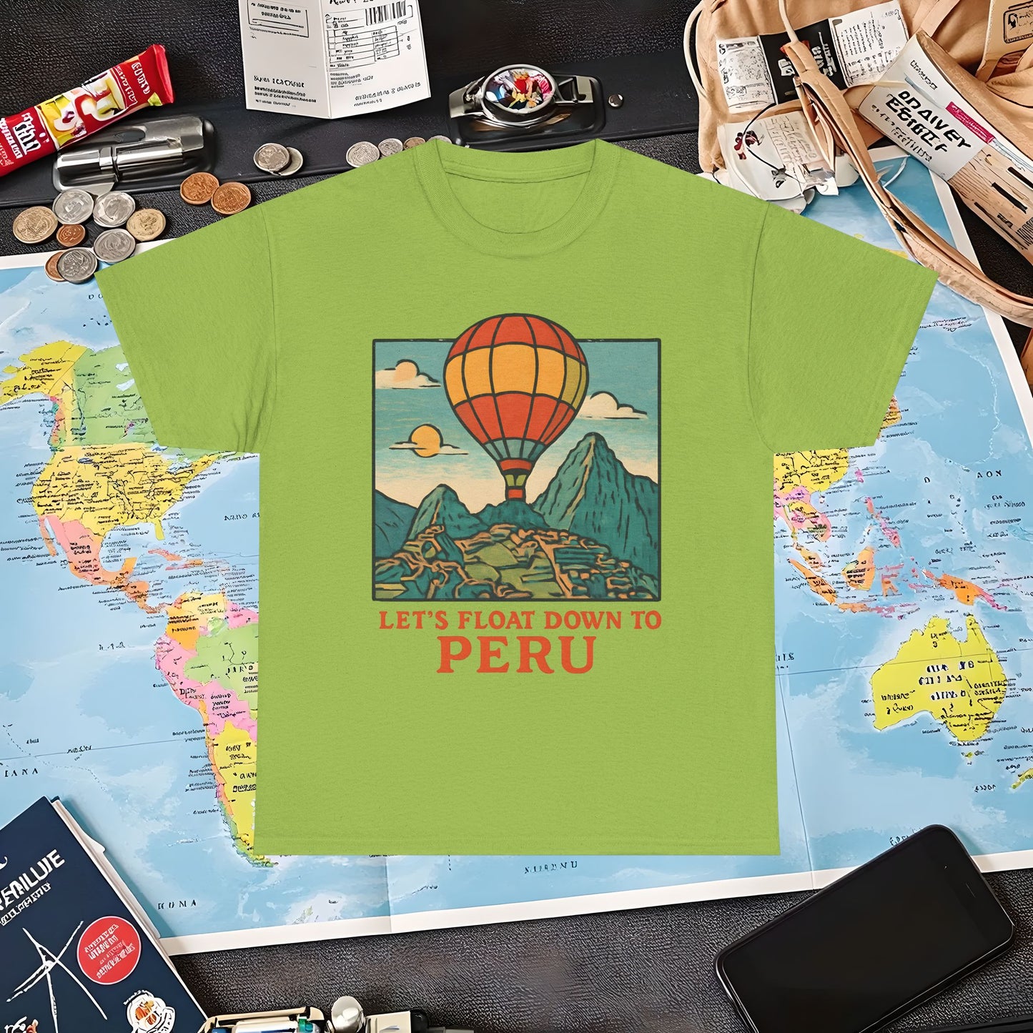 Let’s Float Down to Peru T-Shirt – Vintage Hot-Air Balloon Over Machu Picchu Design Air Travel T-Shirts | Jetsetter, Airport, and International Flight Tees