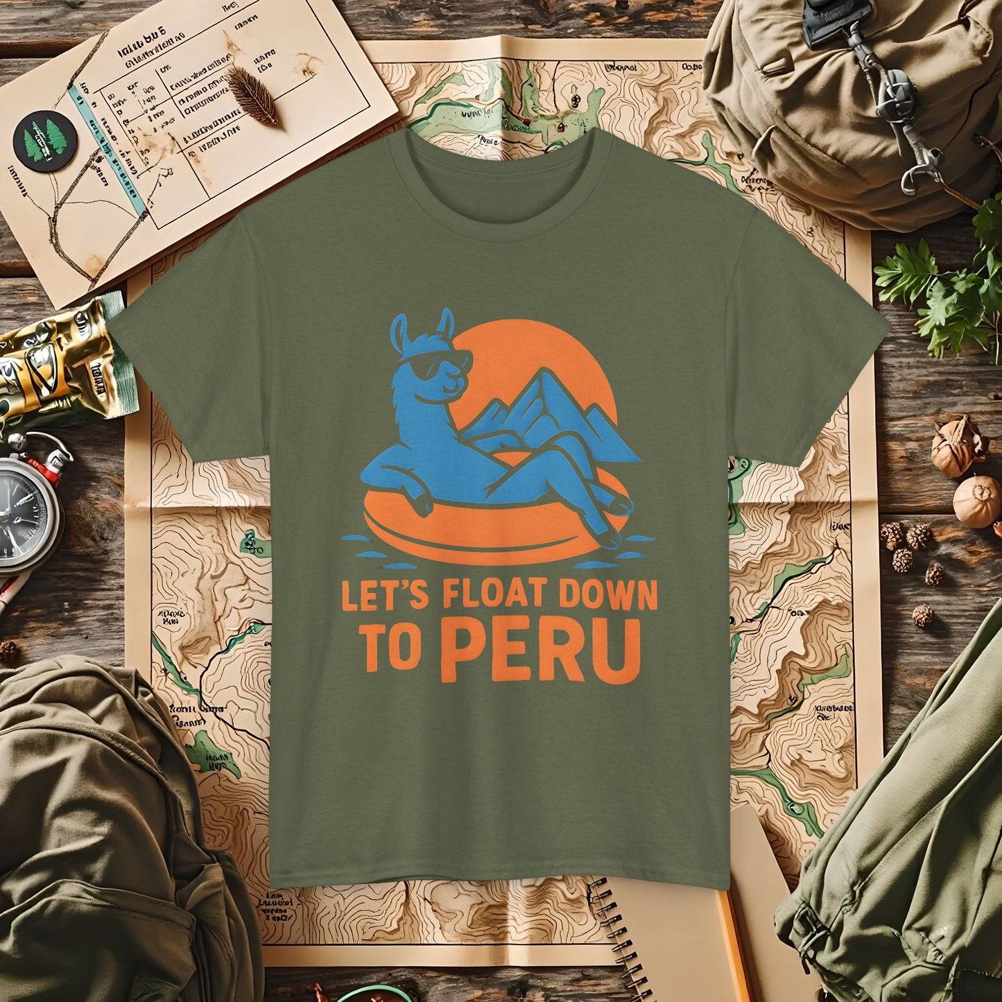 Let’s Float Down to Peru T-Shirt – Chill Llama on Inner Tube and Andes Sunset Outdoor Adventure T-Shirts | Camping, Hiking, Rafting & Kayaking Tees for Nature Lovers
