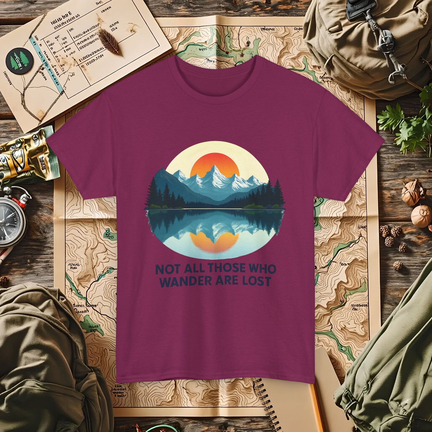 Not All Who Wander Are Lost T-Shirt – Sunset Over Mountain Lake and Forest Reflection Camping, Hiking, Rafting & Kayaking Tees for Nature Lovers