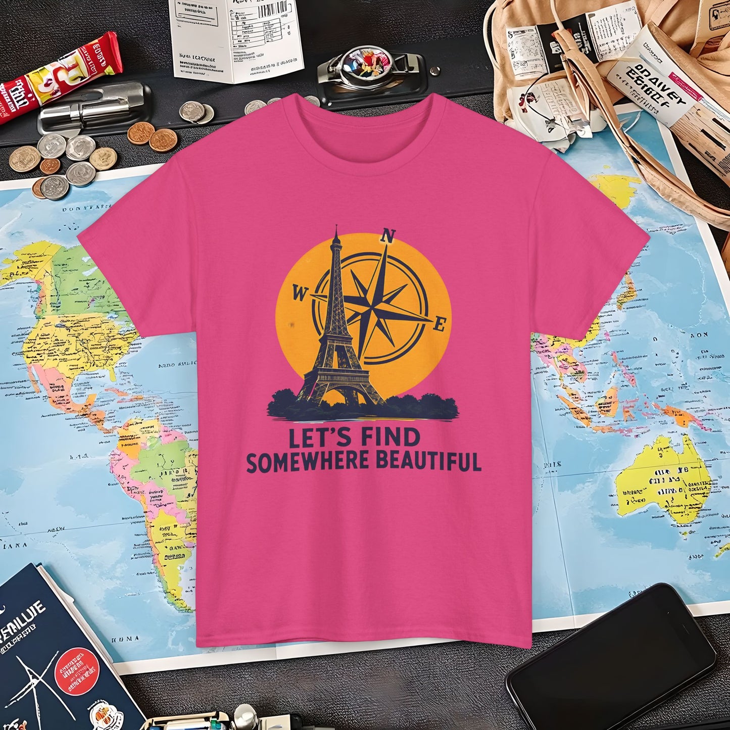 Eiffel Tower and Compass T-Shirt – Let’s Find Somewhere Beautiful Adventure Design Air Travel T-Shirts | Jetsetter, Airport, and International Flight Tees