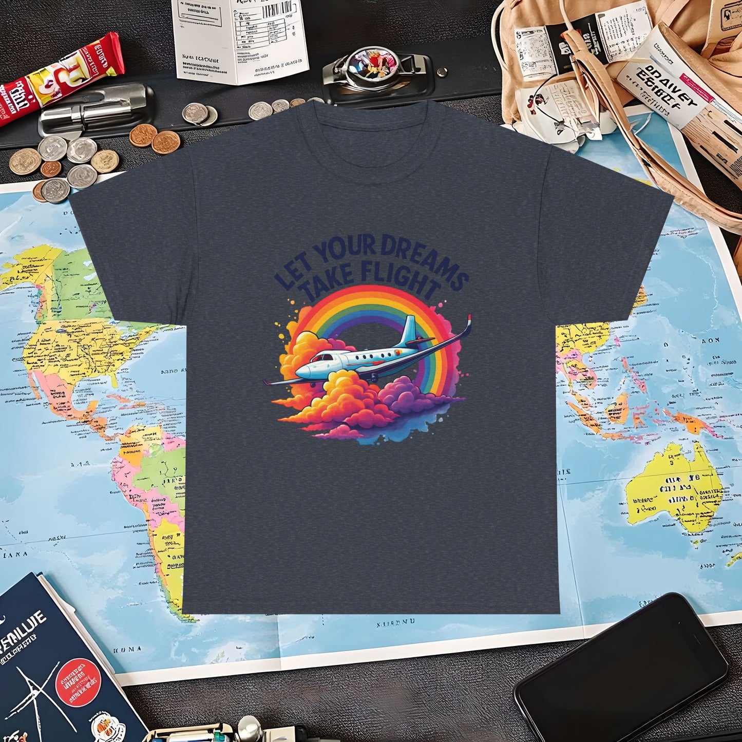 Let Your Dreams Take Flight T-Shirt – Airplane with Rainbow Trail Design Air Travel T-Shirts | Jetsetter, Airport, and International Flight Tees
