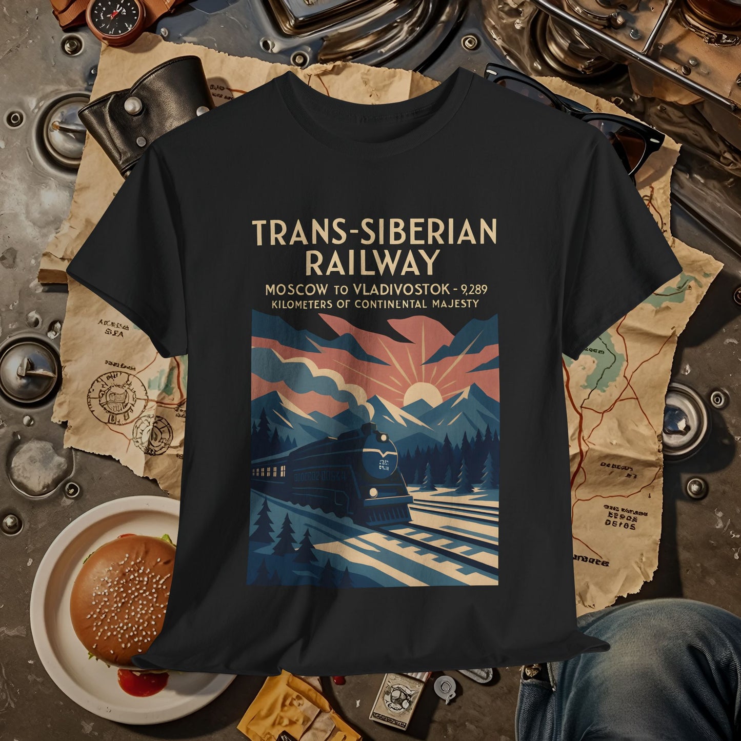 Trans-Siberian Twilight – Art Deco Russian Train Journey Tee Road Trip & Vehicle Travel T-Shirts | Car, RV, and Motorcycle Adventure Tees