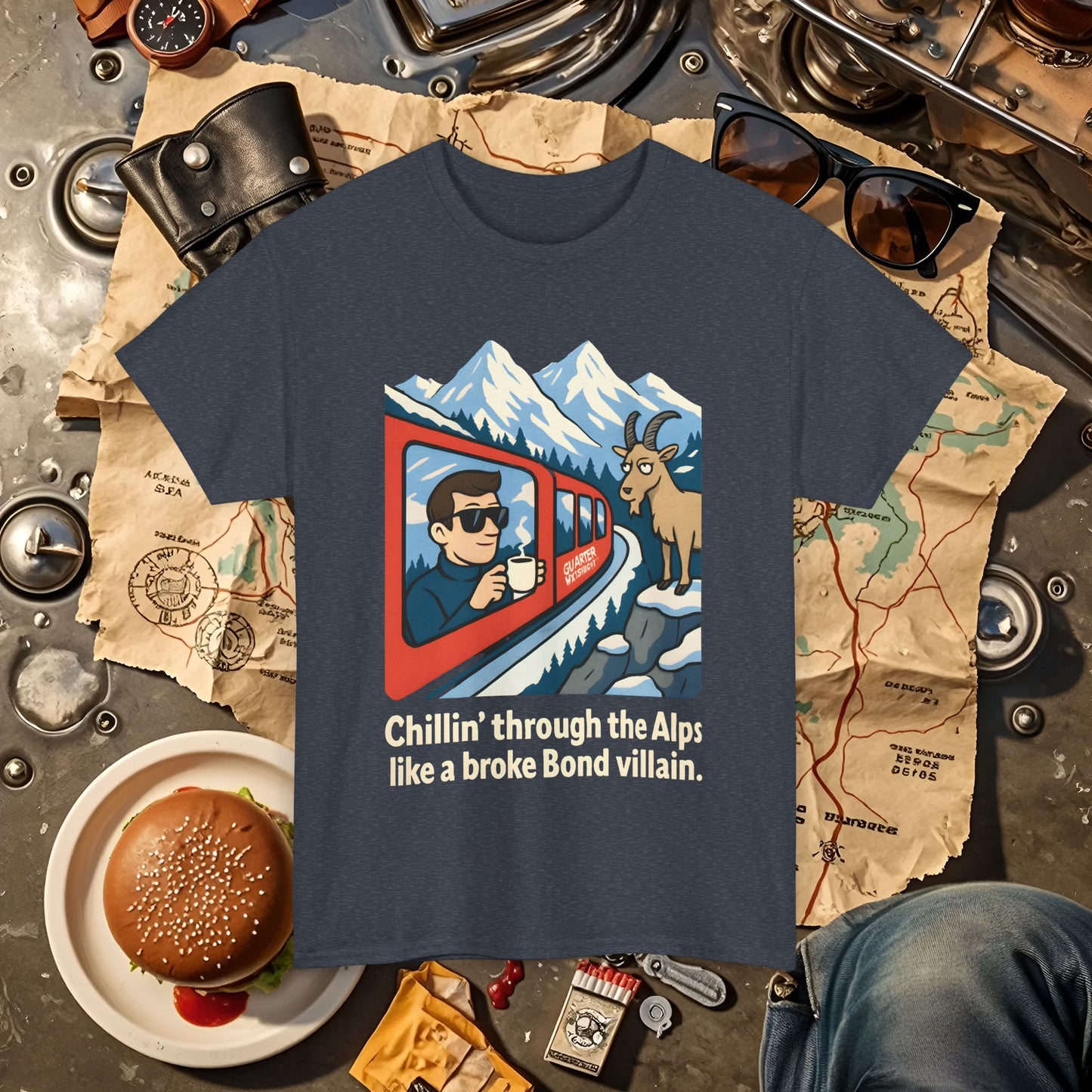 Glacier Express Chill Tee – Skeptical Goat in the Alps Vibe Road Trip & Vehicle Travel T-Shirts | Car, RV, and Motorcycle Adventure Tees