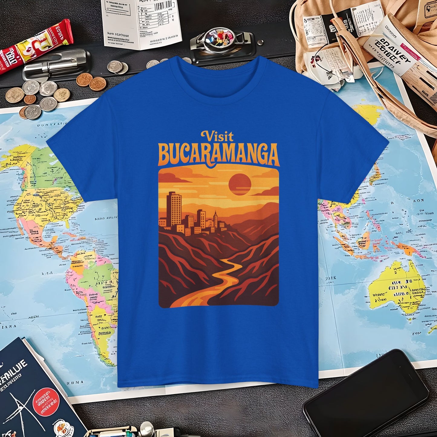 Retro Bucaramanga Skyline & Chicamocha Canyon Sunset – Vintage Colombia Travel Tee | Layover Club Air Travel T-Shirts | Jetsetter, Airport, and International Flight Tees