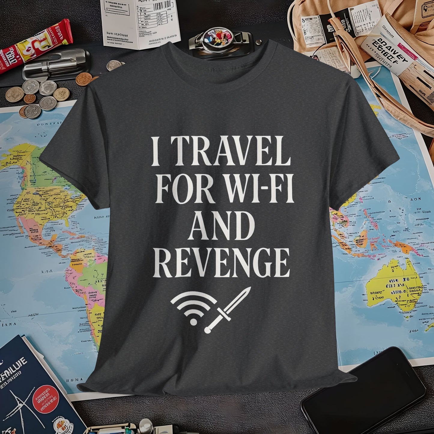 I Travel for WiFi and Revenge – Bold Quote Tee with Dagger Icon Air Travel T-Shirts | Jetsetter, Airport, and International Flight Tees