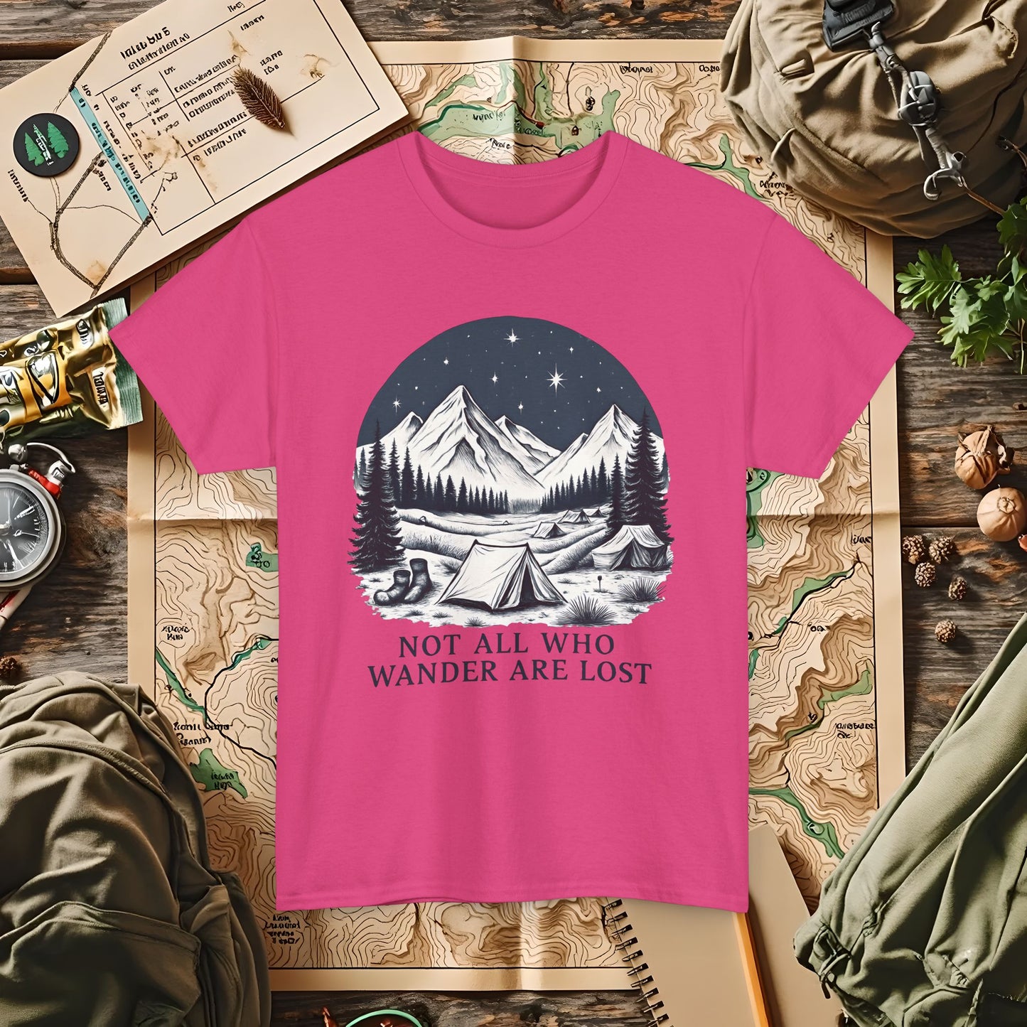 Not All Who Wander Are Lost T-Shirt – Mountain Camping Under Starry Night Camping, Hiking, Rafting & Kayaking Tees for Nature Lovers