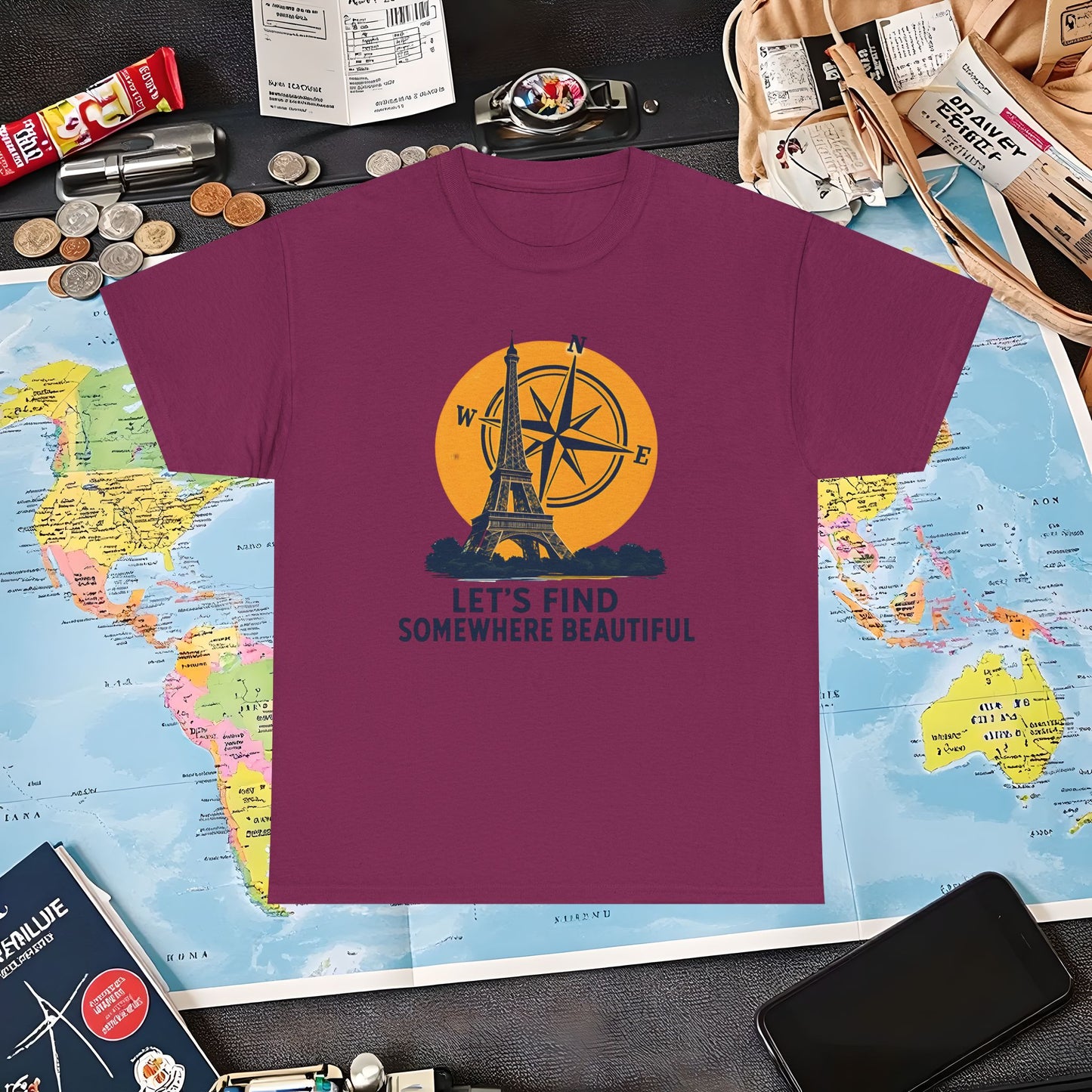 Eiffel Tower and Compass T-Shirt – Let’s Find Somewhere Beautiful Adventure Design Air Travel T-Shirts | Jetsetter, Airport, and International Flight Tees