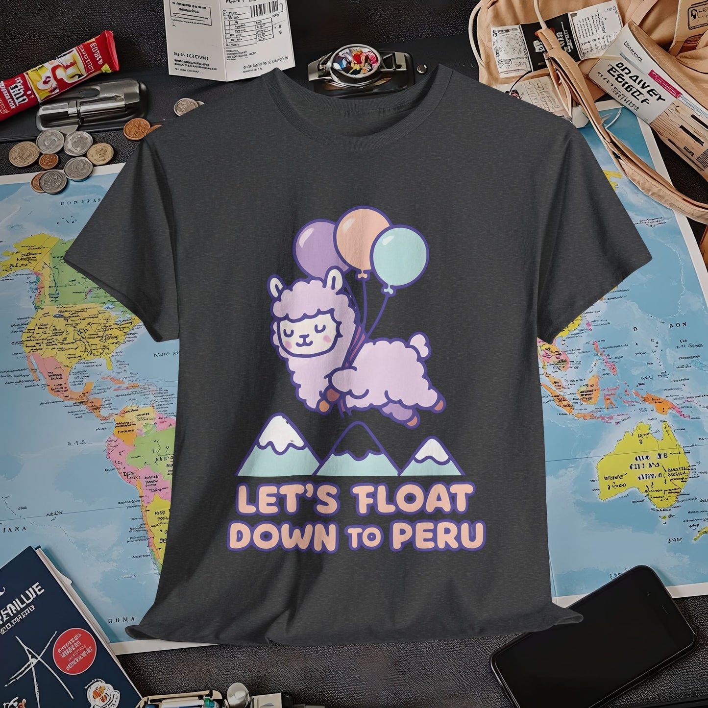 Let’s Float Down to Peru T-Shirt – Kawaii Alpaca Over Snowy Mountain Peaks Air Travel T-Shirts | Jetsetter, Airport, and International Flight Tees