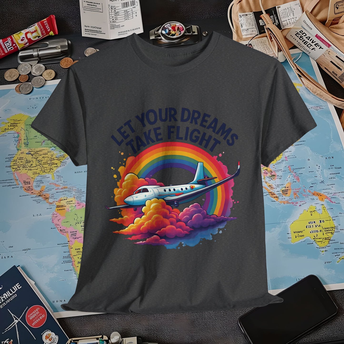 Let Your Dreams Take Flight T-Shirt – Airplane with Rainbow Trail Design Air Travel T-Shirts | Jetsetter, Airport, and International Flight Tees