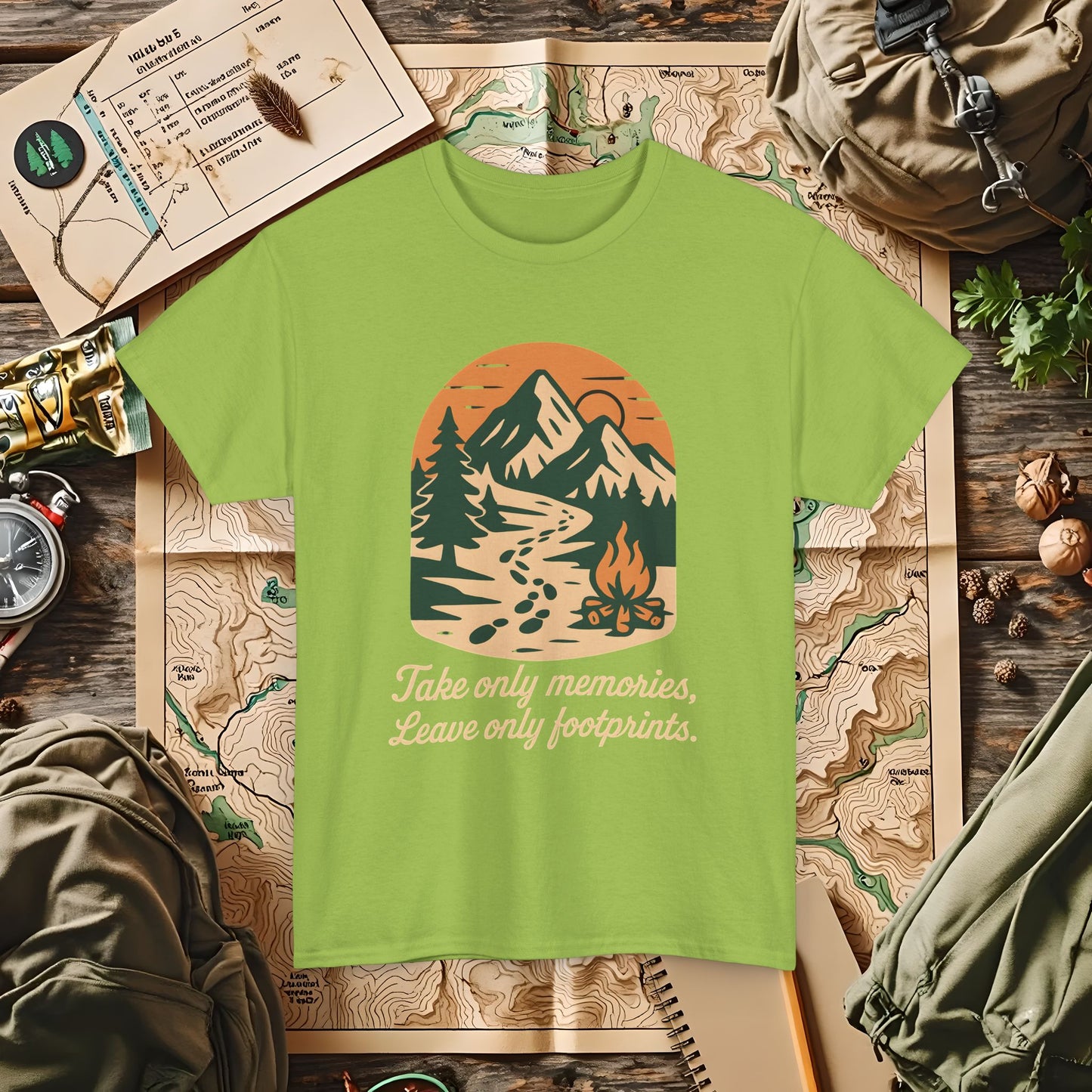 Take Only Memories, Leave Only Footprints — Sunset Mountain Trail Adventure Badge T-Shirt | Camping, Hiking, Rafting & Kayaking Tees for Nature Lovers