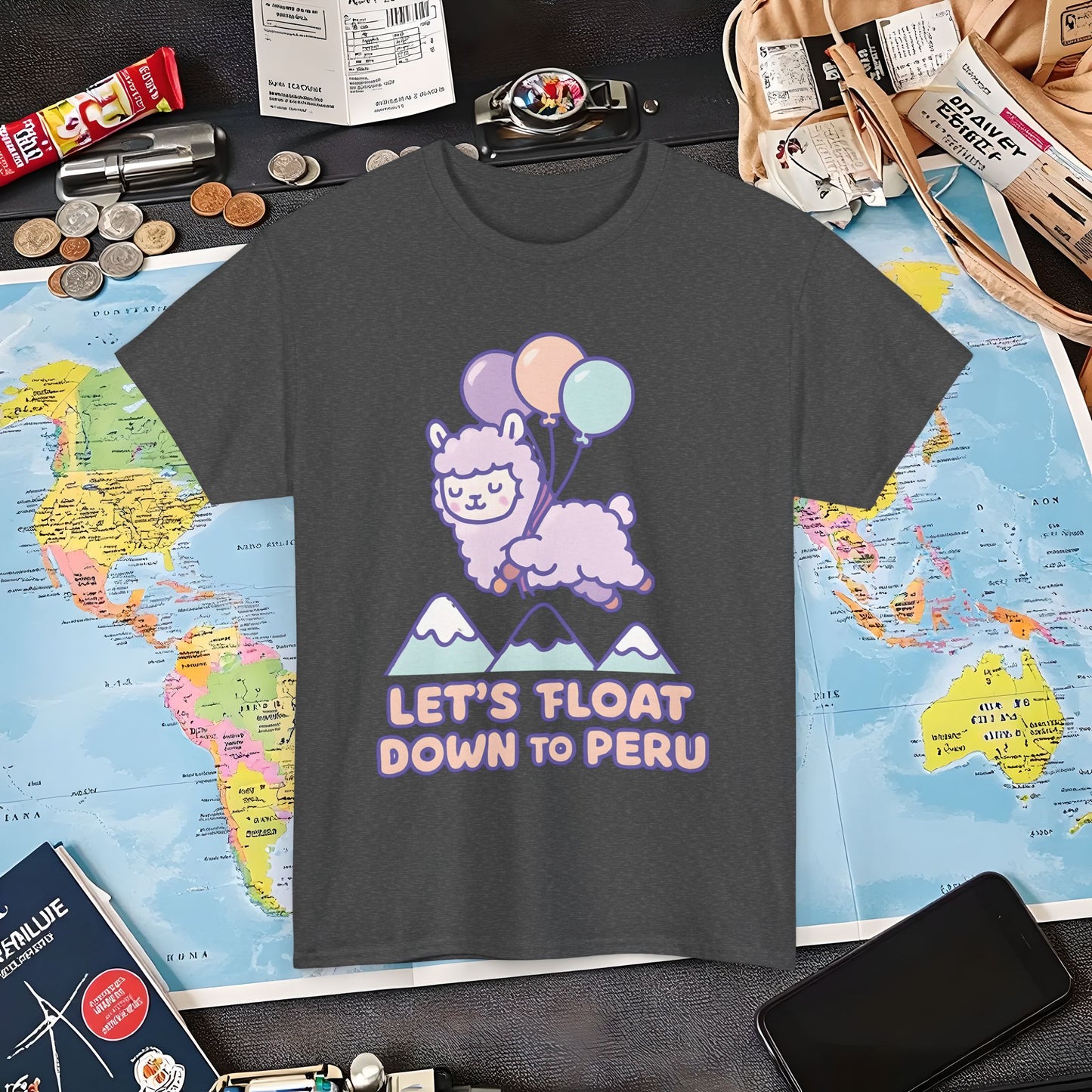 Let’s Float Down to Peru T-Shirt – Kawaii Alpaca Over Snowy Mountain Peaks Air Travel T-Shirts | Jetsetter, Airport, and International Flight Tees