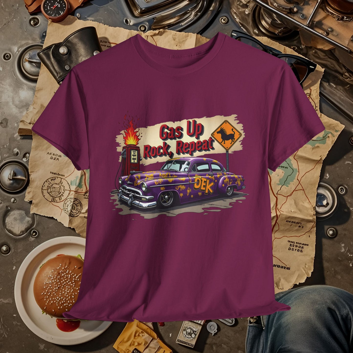 Gas Up, Rock and Repeat Road Trip & Vehicle Travel T-Shirts | Car, RV, and Motorcycle Adventure Tees