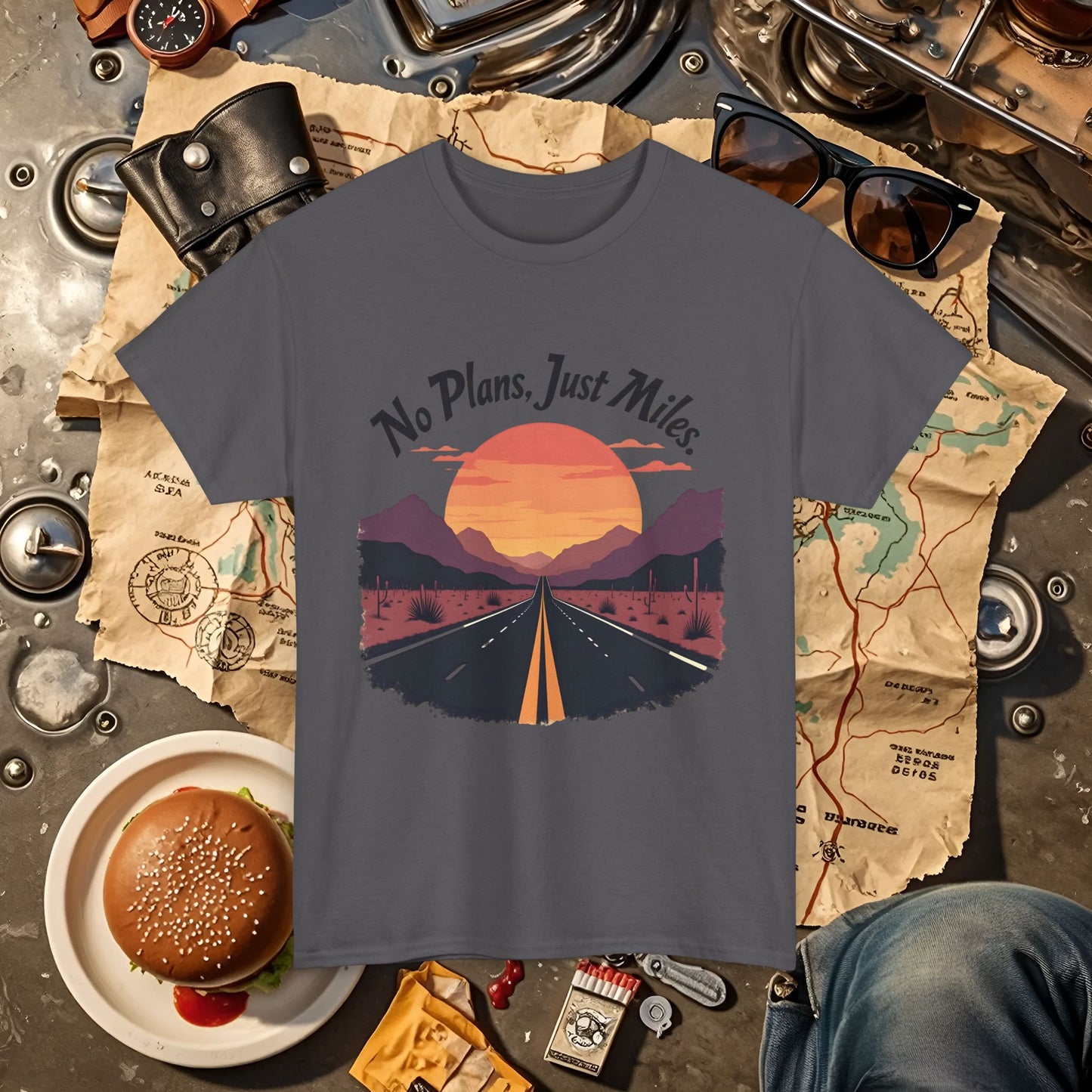 No Plans, Just Miles Adventure Road Unisex Cotton Tee - Travel Shirt, Road Trip Tee, Travel Lover Gift, Nature Lover Shirt, Vacation T-Shirt, Charity Donation