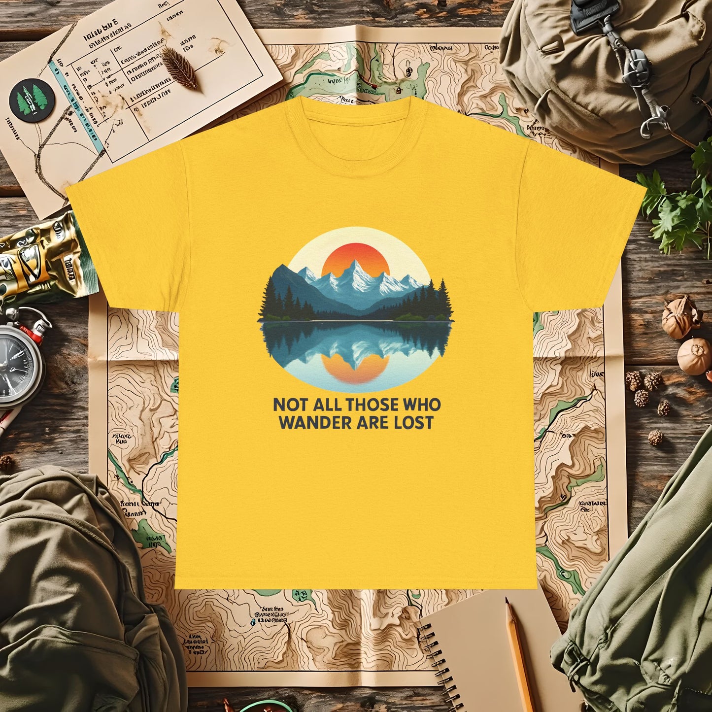 Not All Who Wander Are Lost T-Shirt – Sunset Over Mountain Lake and Forest Reflection Camping, Hiking, Rafting & Kayaking Tees for Nature Lovers