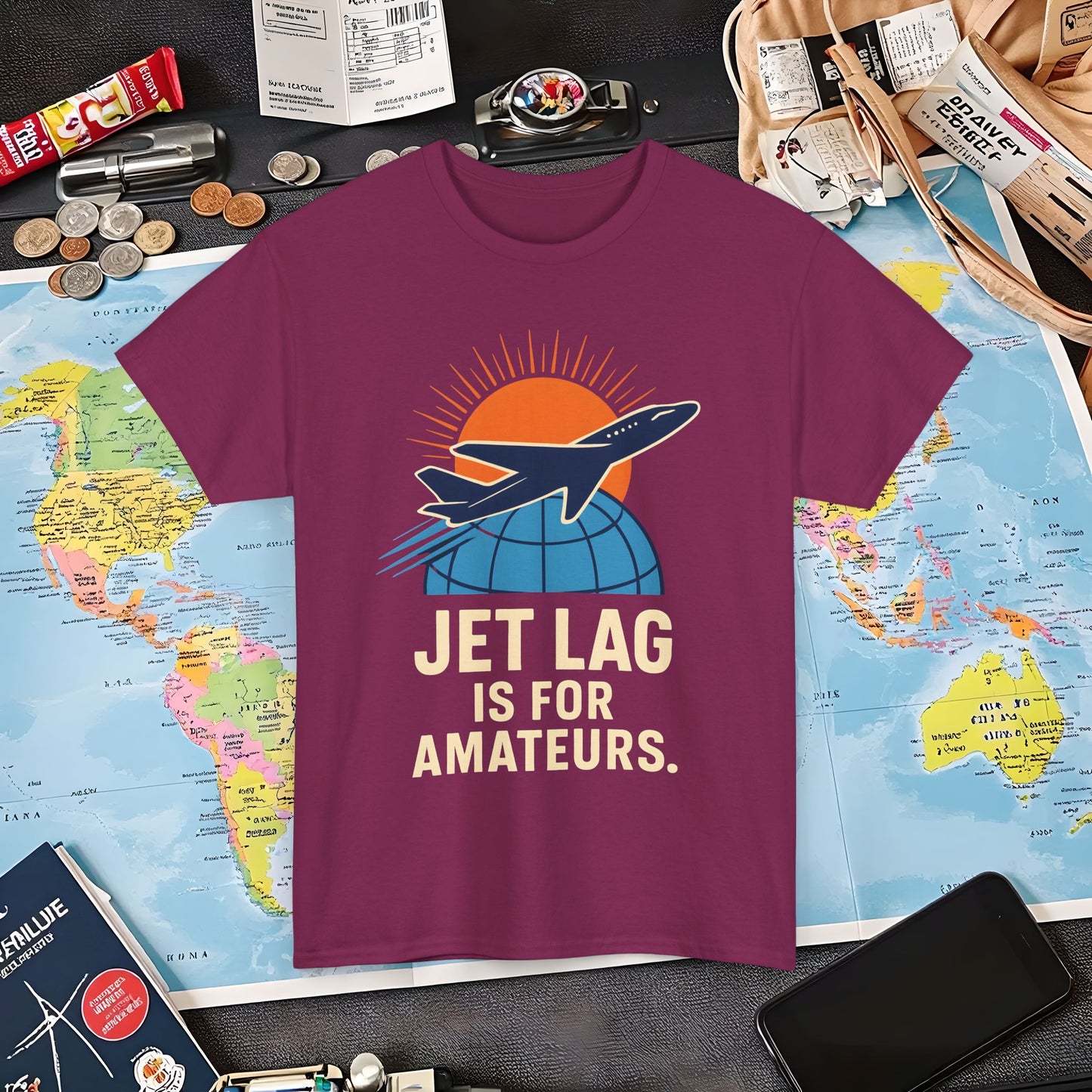 Jet Lag Is for Amateurs Vintage Jet Airplane Globe Bold Quote T-Shirt Air Travel T-Shirts | Jetsetter, Airport, and International Flight Tees