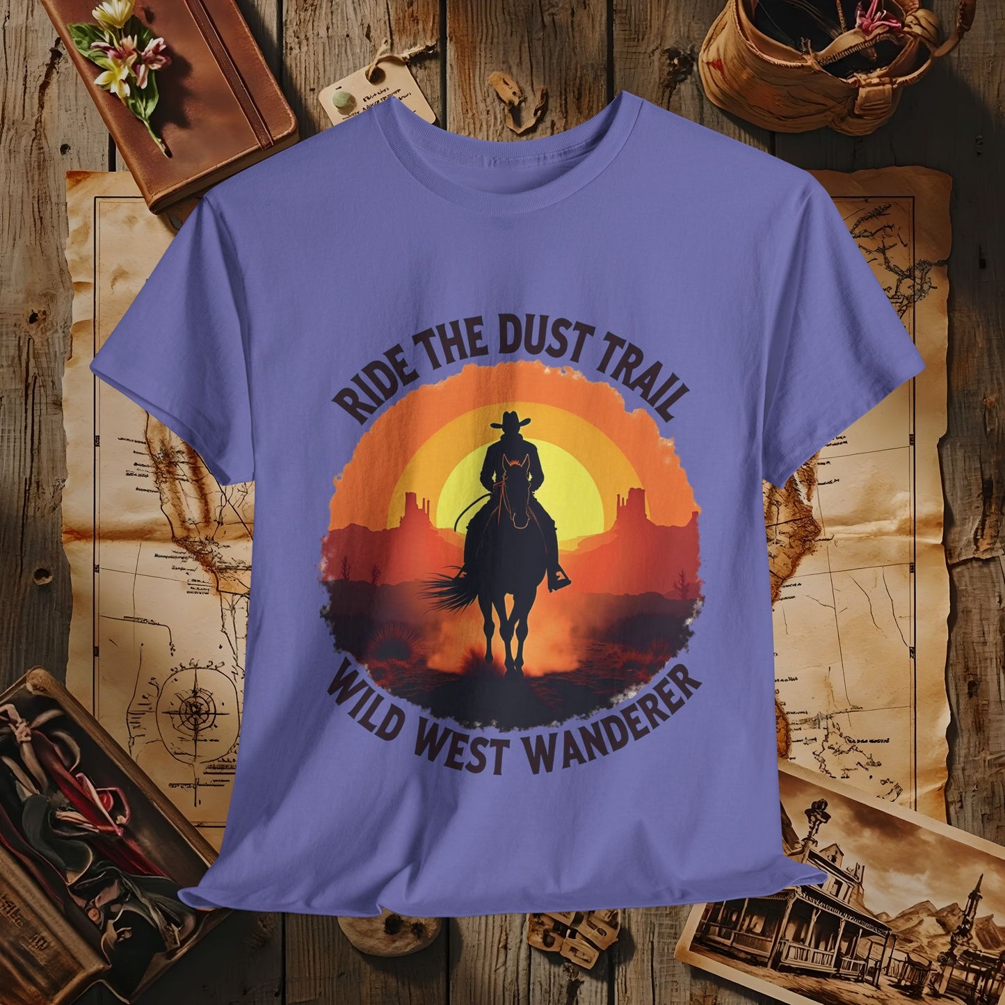 Ride the Dust Trail, Wild West Wanderer Western Travel T-Shirts | Desert, Ghost Town, and Cowboy-Inspired Adventure Tees
