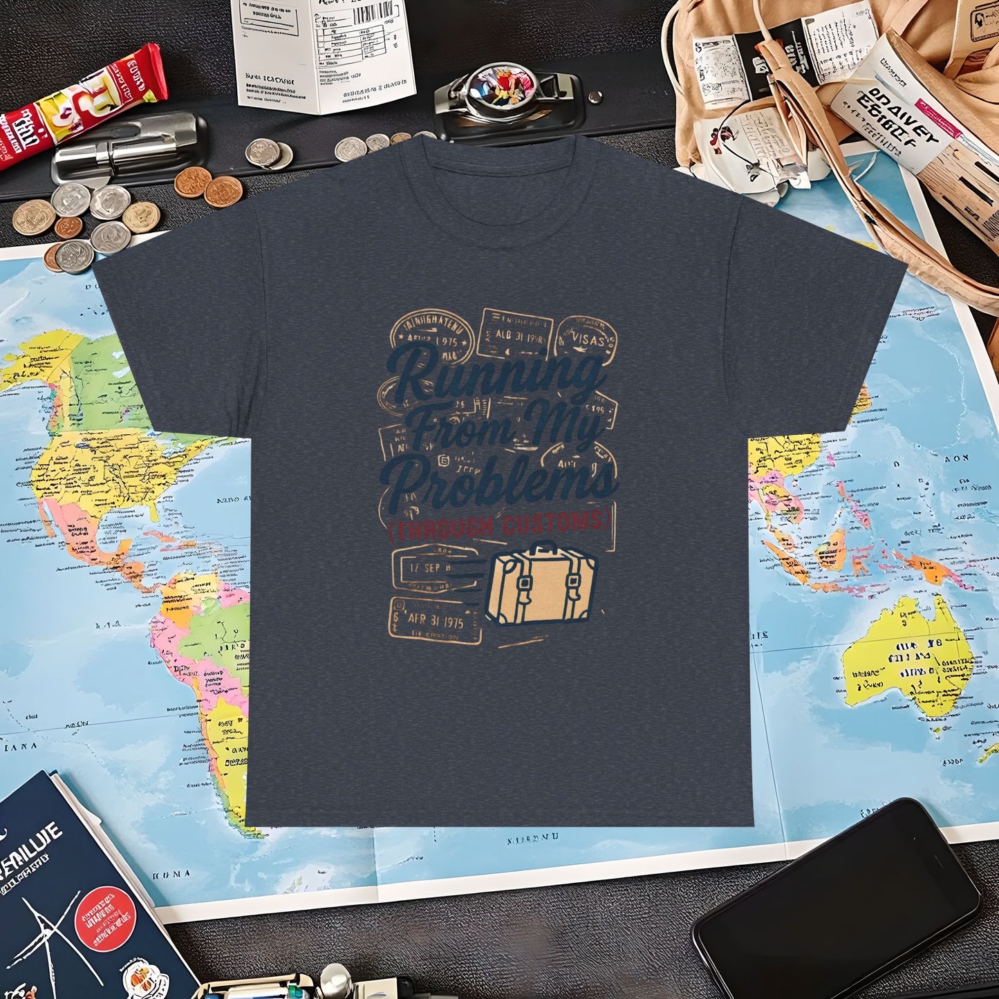 Running From My Problems Through Customs – Vintage Travel Quote Tee with Passport Stamps Air Travel T-Shirts | Jetsetter, Airport, and International Flight Tees
