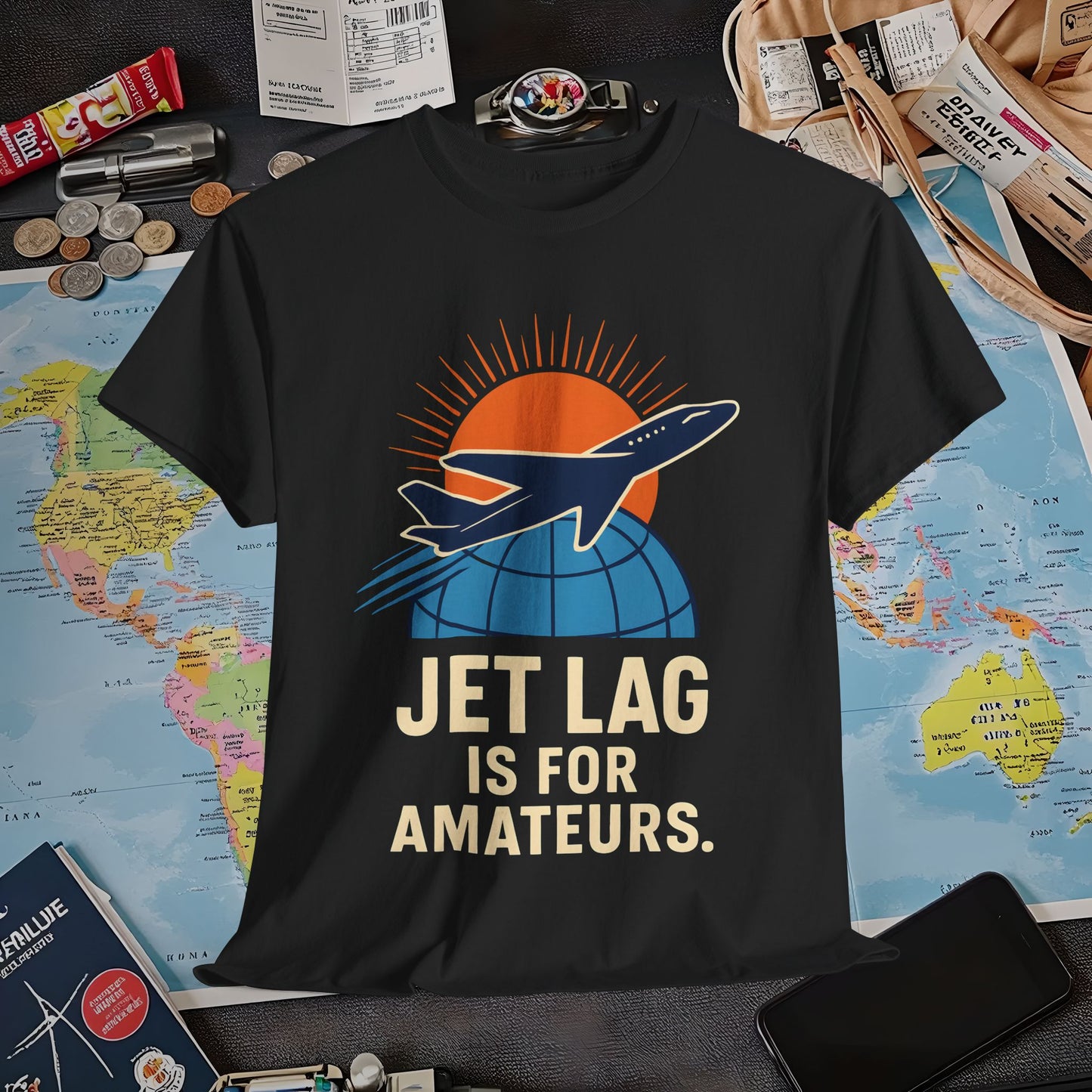 Jet Lag Is for Amateurs Vintage Jet Airplane Globe Bold Quote T-Shirt Air Travel T-Shirts | Jetsetter, Airport, and International Flight Tees