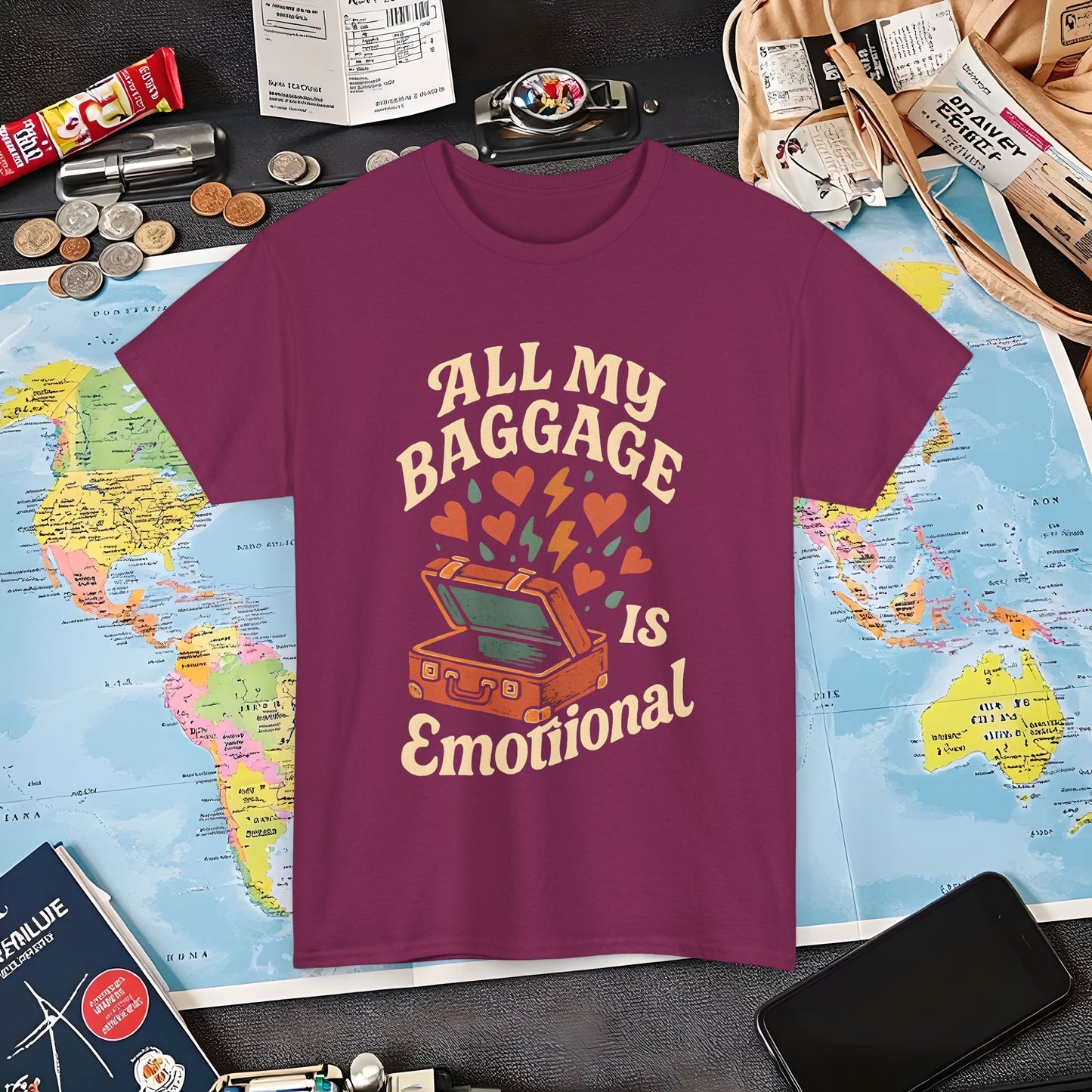 All My Baggage Is Emotional – Retro Suitcase Overflowing with Feelings Tee Air Travel T-Shirts | Jetsetter, Airport, and International Flight Tees
