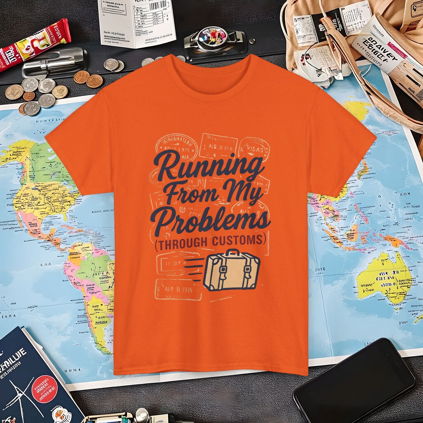Running From My Problems Through Customs – Vintage Travel Quote Tee with Passport Stamps Air Travel T-Shirts | Jetsetter, Airport, and International Flight Tees