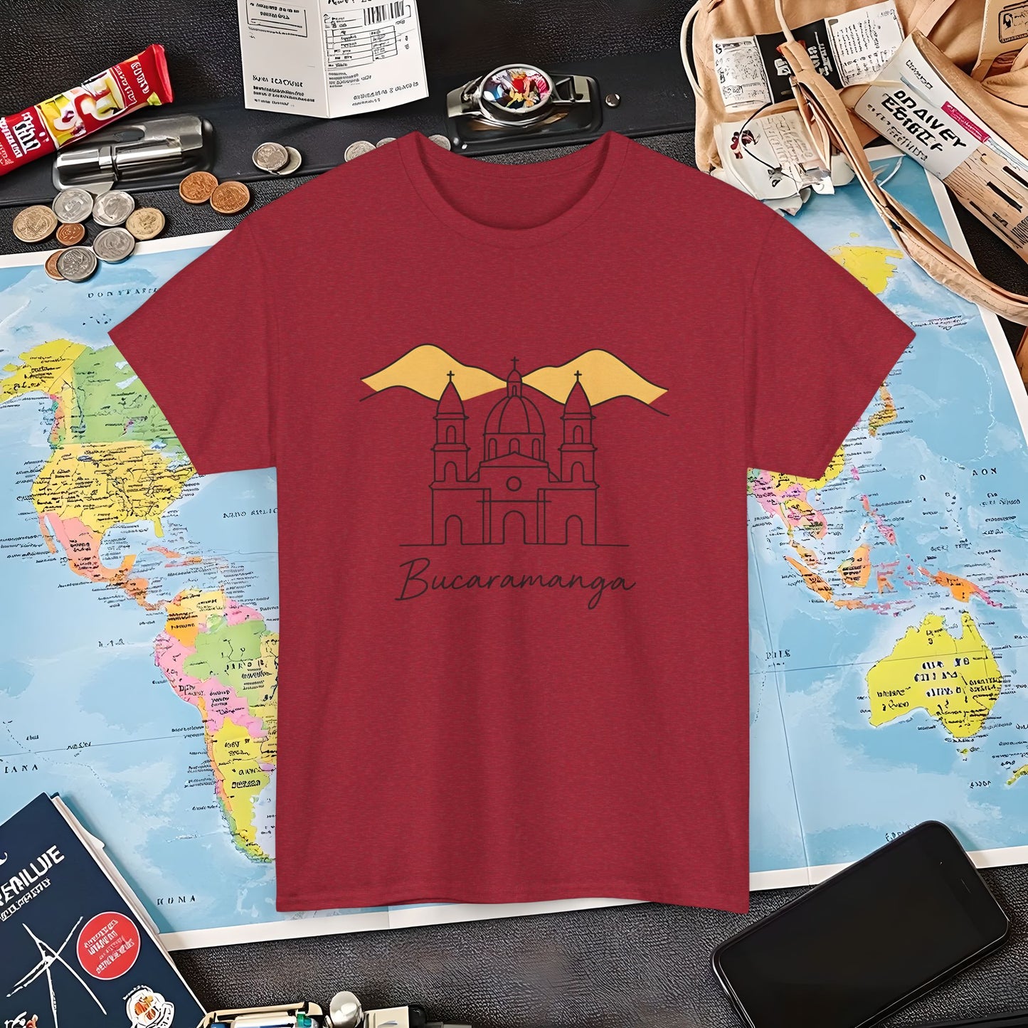 Bucaramanga Cathedral with Andes Silhouette – Vintage Colombia Travel Tee | Layover Club Air Travel T-Shirts | Jetsetter, Airport, and International Flight Tees