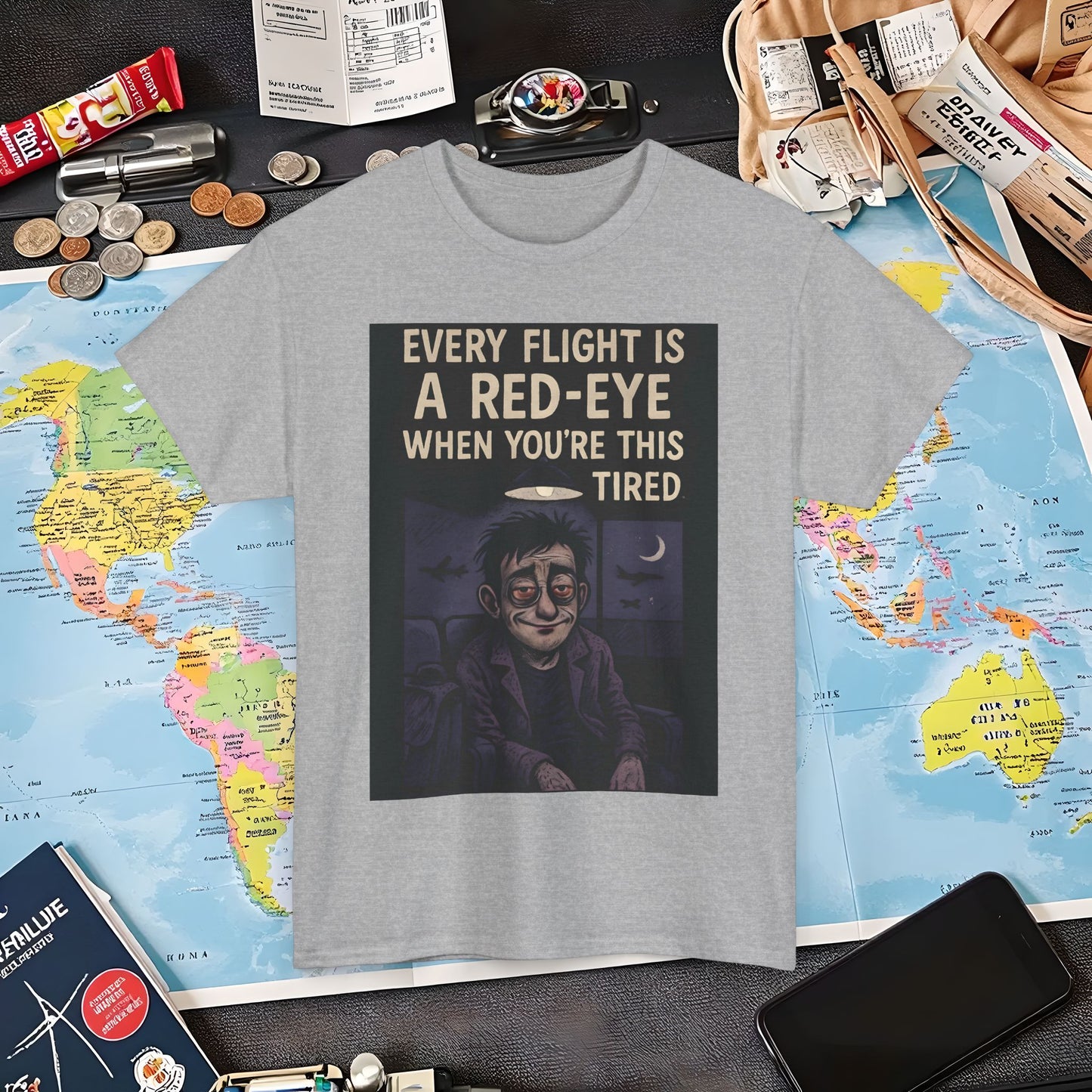 Every Flight Is a Red Eye Tee – Exhausted Traveler Comic Noir Shirt Air Travel T-Shirts | Jetsetter, Airport, and International Flight Tees