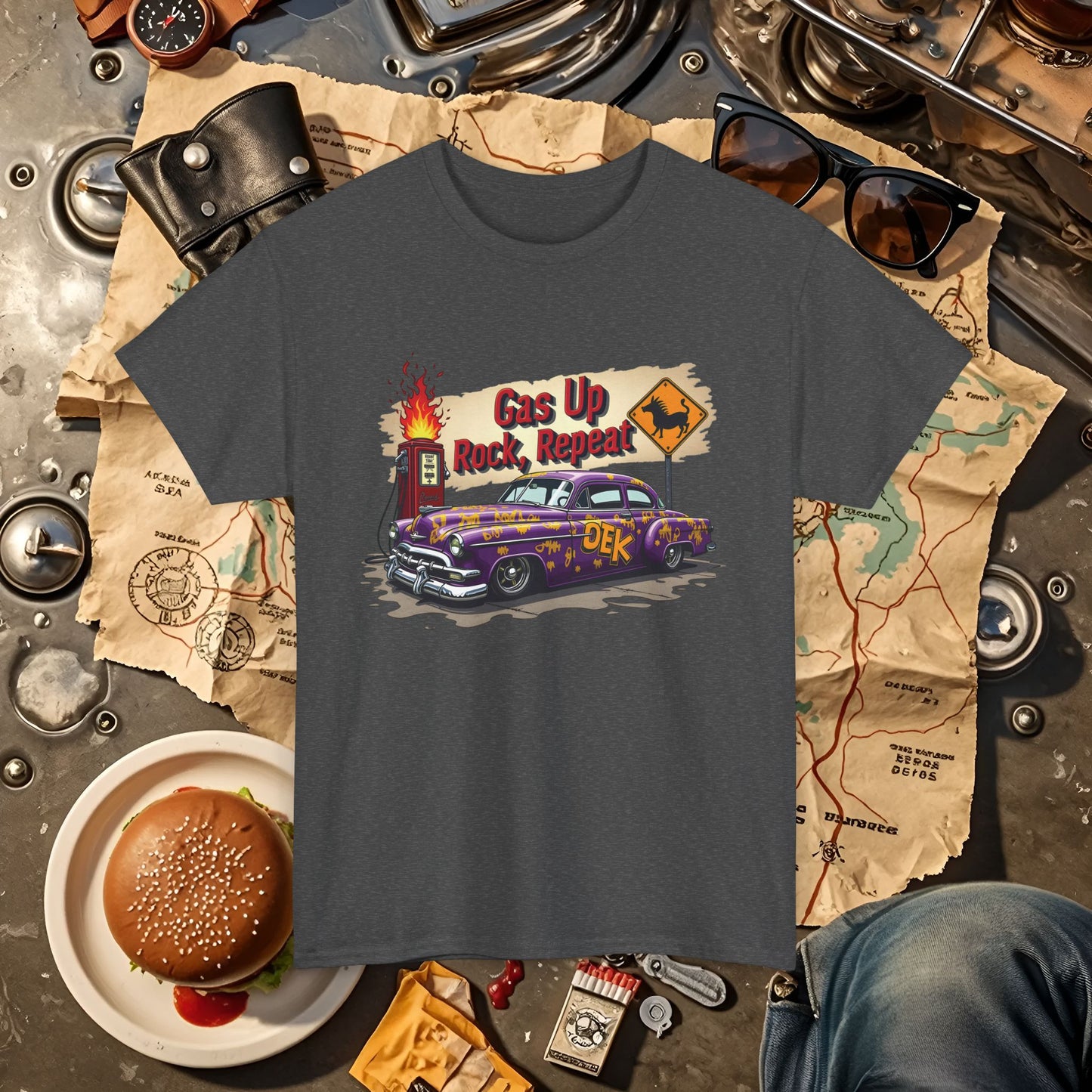 Gas Up, Rock and Repeat Road Trip & Vehicle Travel T-Shirts | Car, RV, and Motorcycle Adventure Tees