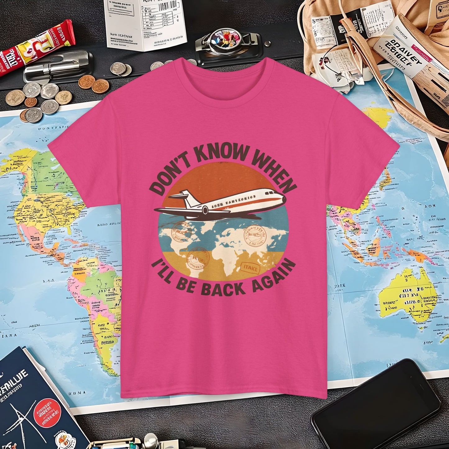 Don’t Know When I’ll Be Back Again T-Shirt – Retro ’70s Jet & Vintage Map Travel Design Air Travel T-Shirts | Jetsetter, Airport, and International Flight Tees