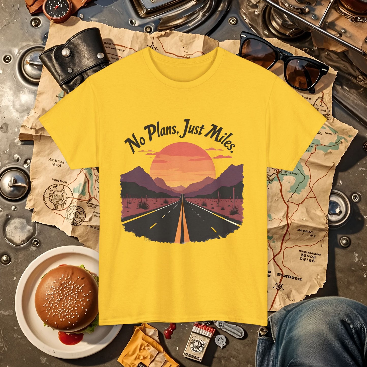 No Plans, Just Miles Adventure Road Unisex Cotton Tee - Travel Shirt, Road Trip Tee, Travel Lover Gift, Nature Lover Shirt, Vacation T-Shirt, Charity Donation