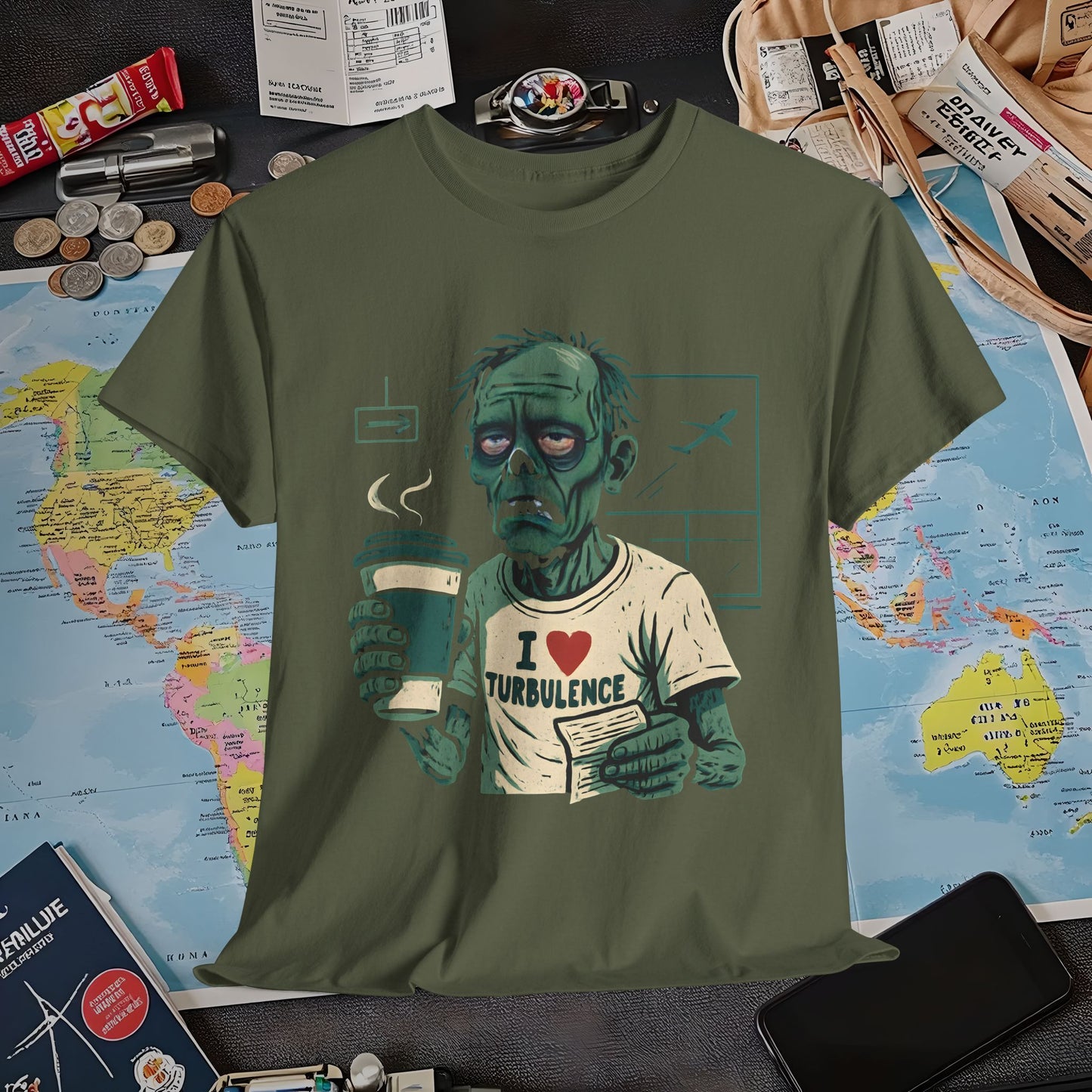 I Love Turbulence – Exhausted Zombie Traveler Coffee Tee Air Travel T-Shirts | Jetsetter, Airport, and International Flight Tees
