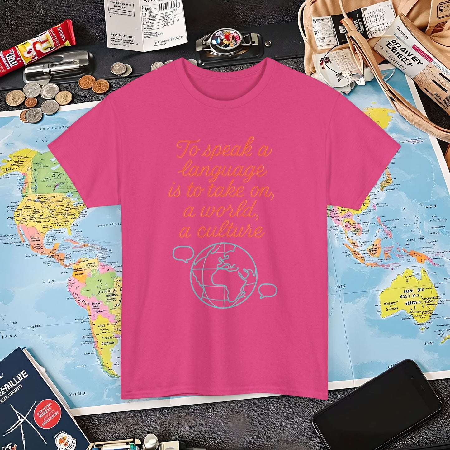 To Speak a Language Is to Take on a World – Cultural Connection Tee with Globe & Speech Bubbles | Layover Club Air Travel T-Shirts | Jetsetter, Airport, and International Flight Tees