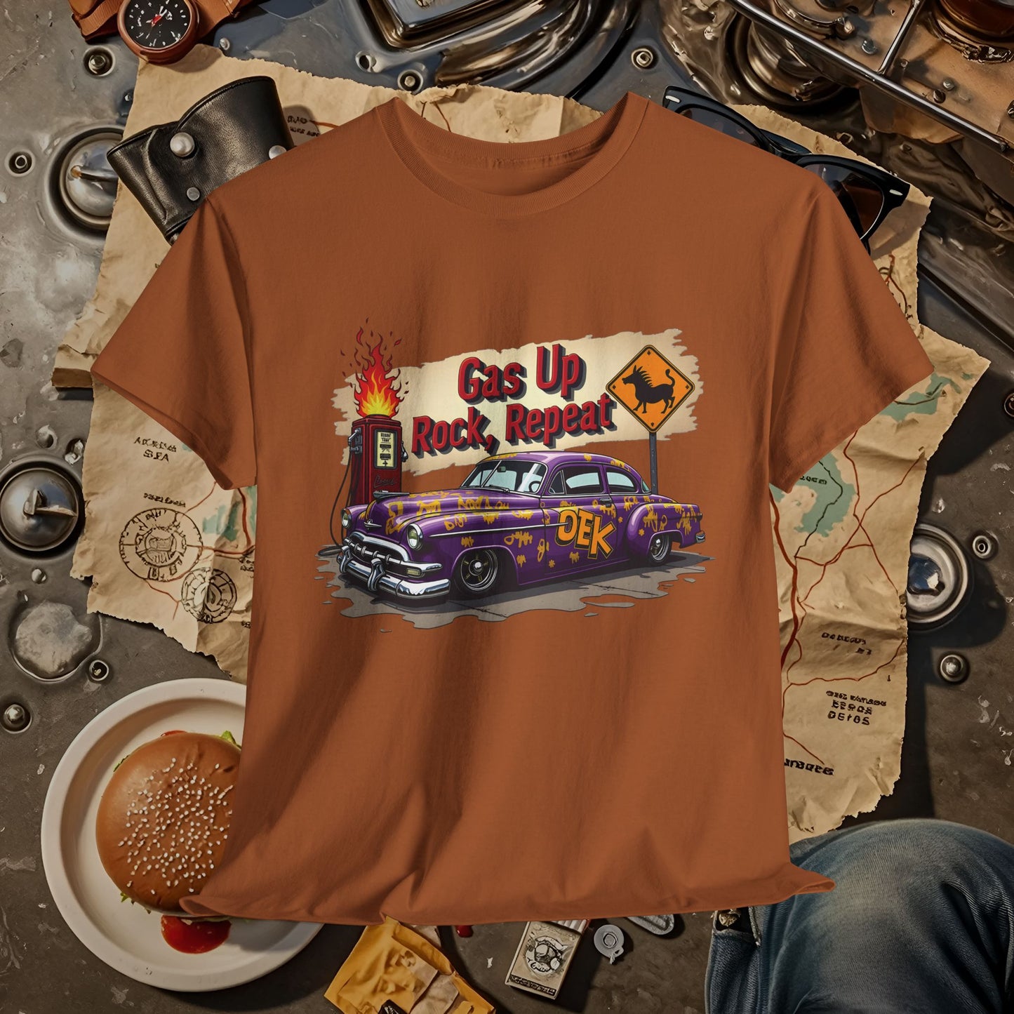 Gas Up, Rock and Repeat Road Trip & Vehicle Travel T-Shirts | Car, RV, and Motorcycle Adventure Tees