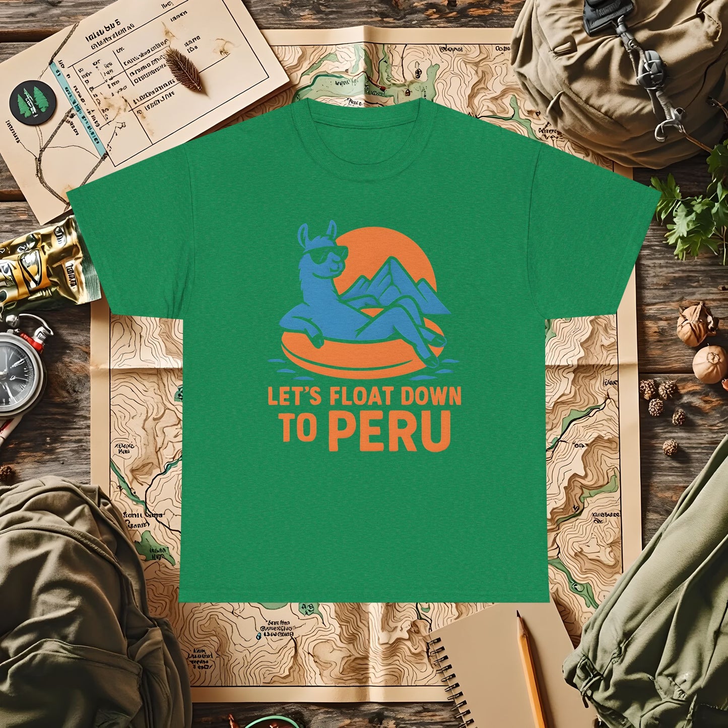 Let’s Float Down to Peru T-Shirt – Chill Llama on Inner Tube and Andes Sunset Outdoor Adventure T-Shirts | Camping, Hiking, Rafting & Kayaking Tees for Nature Lovers