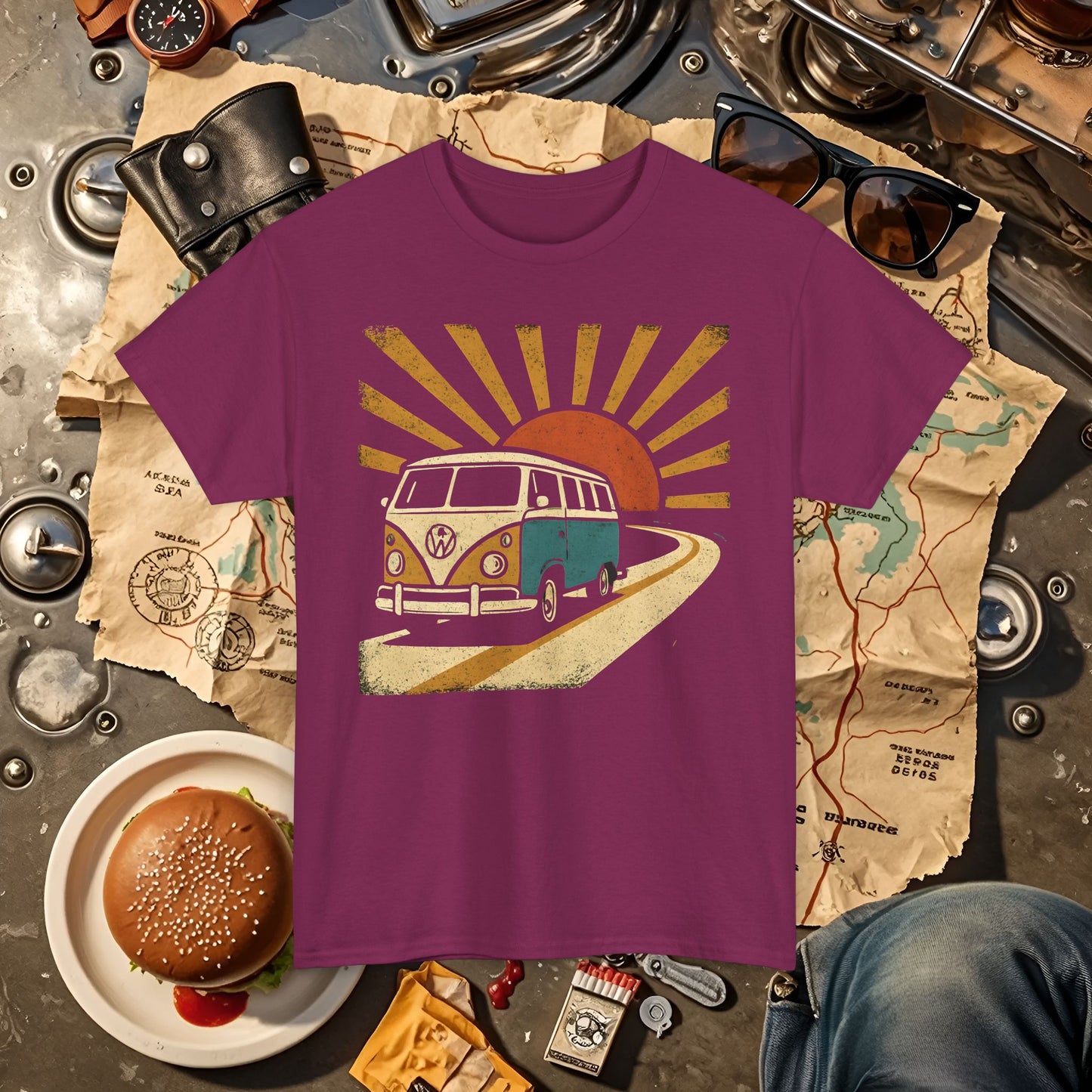 Sunset Road Trip T-Shirt – Vintage VW Van Adventure Design