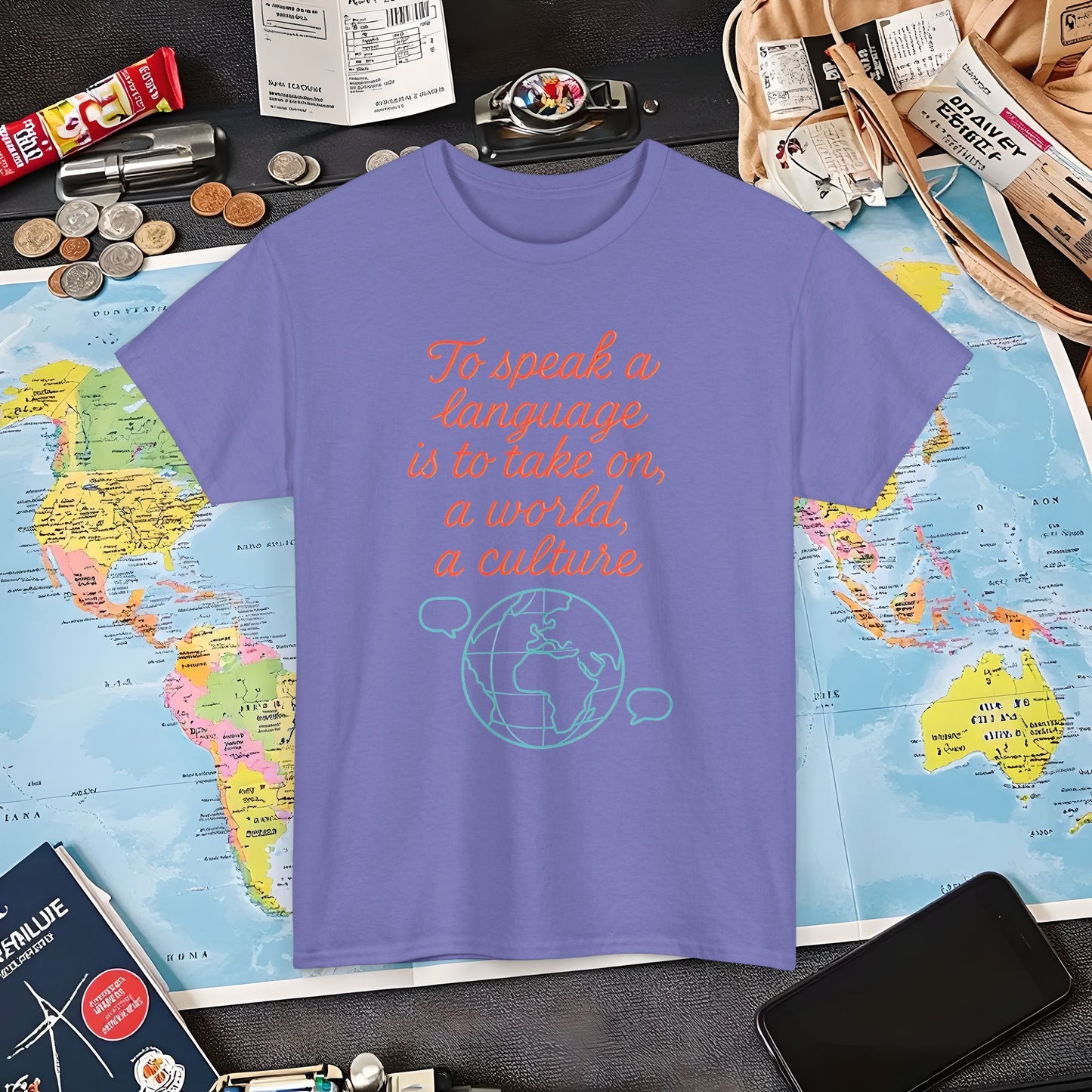 To Speak a Language Is to Take on a World – Cultural Connection Tee with Globe & Speech Bubbles | Layover Club Air Travel T-Shirts | Jetsetter, Airport, and International Flight Tees
