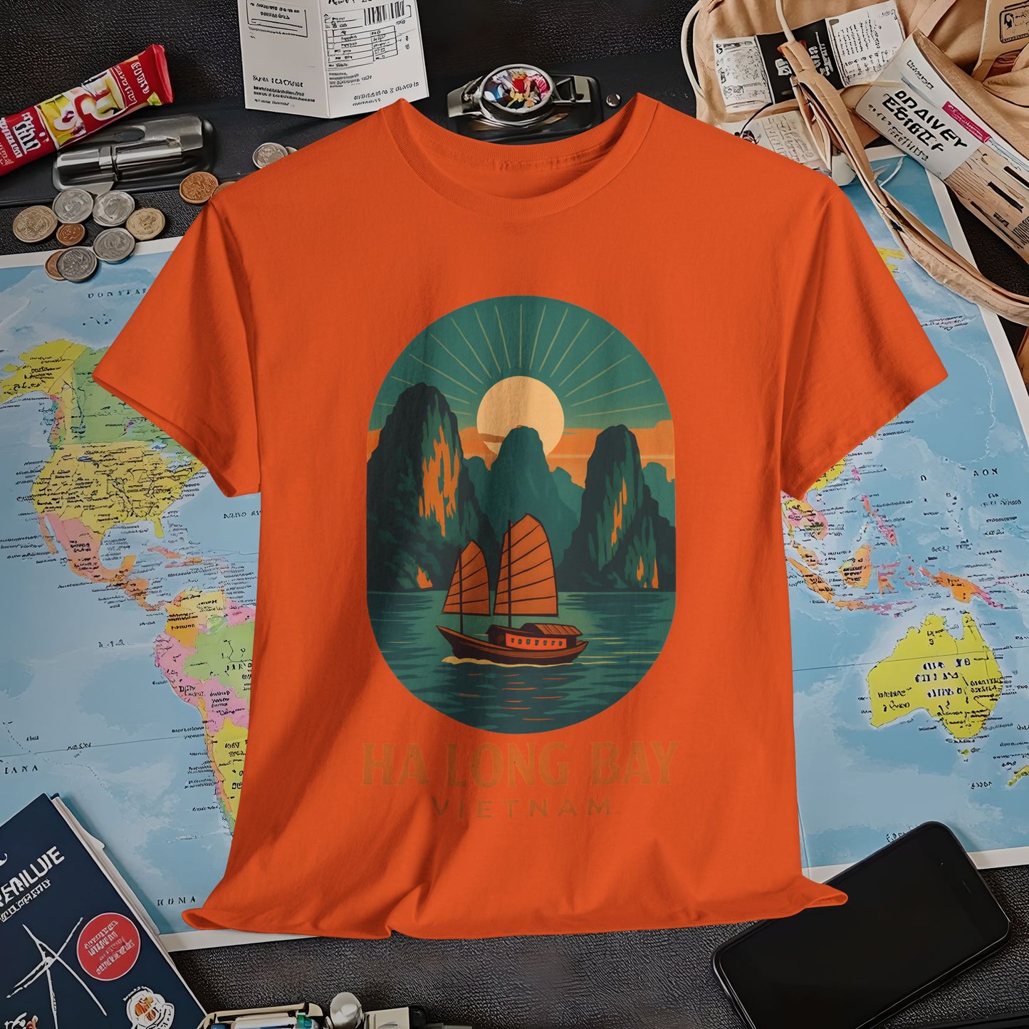 Ha Long Bay Vietnam T-Shirt – Art Deco Junk Boat Travel Shirt for Southeast Asia Lovers Air Travel T-Shirts | Jetsetter, Airport, and International Flight Tees
