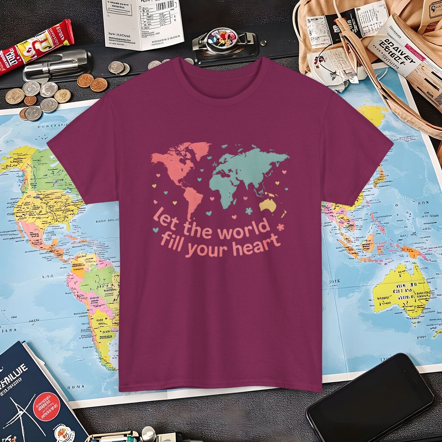 Let the World Fill Your Heart T-Shirt – World Map Adventure Design Air Travel T-Shirts | Jetsetter, Airport, and International Flight Tees