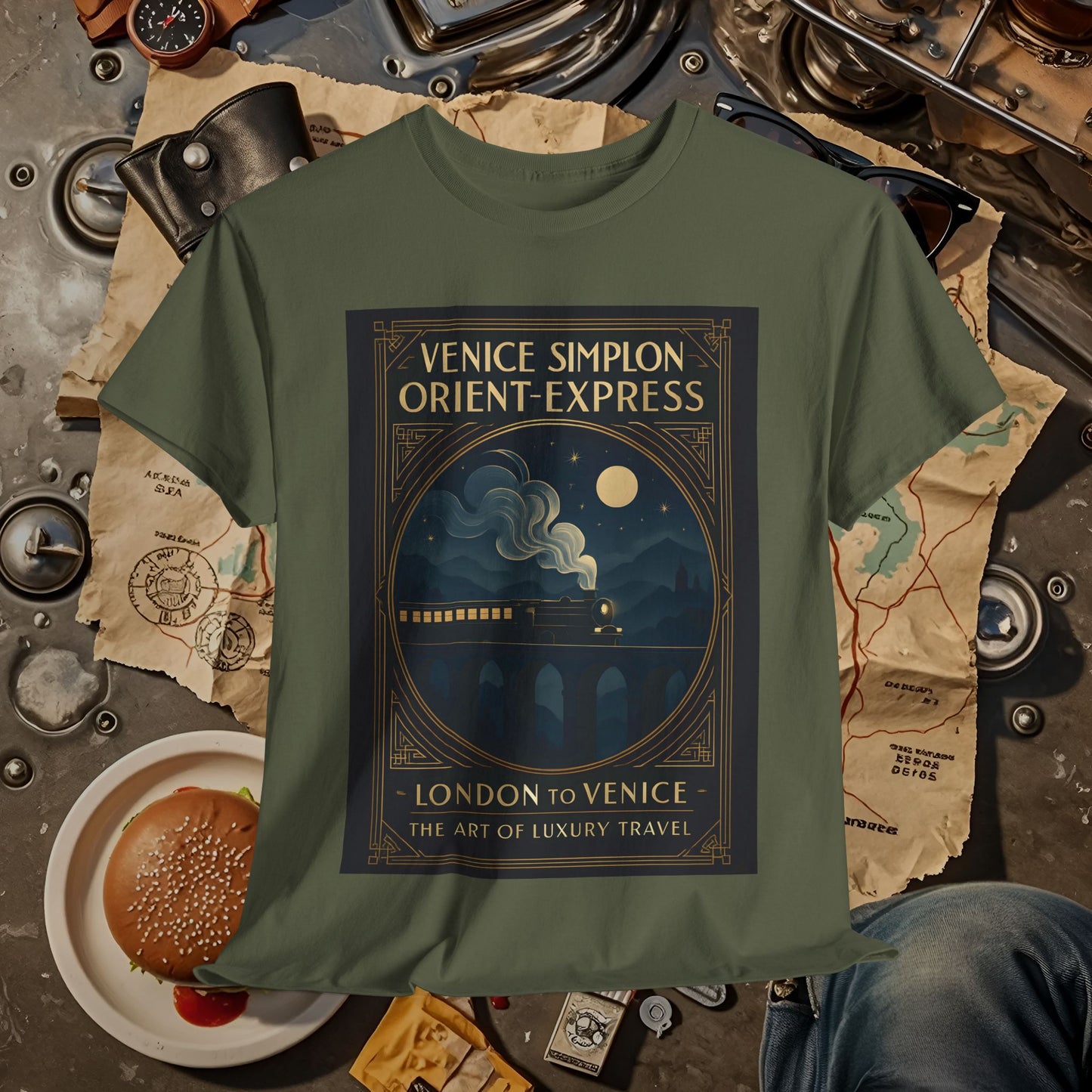Orient Express at Night – Art Deco Venice Simplon Midnight Train Tee Road Trip & Vehicle Travel T-Shirts | Car, RV, and Motorcycle Adventure Tees