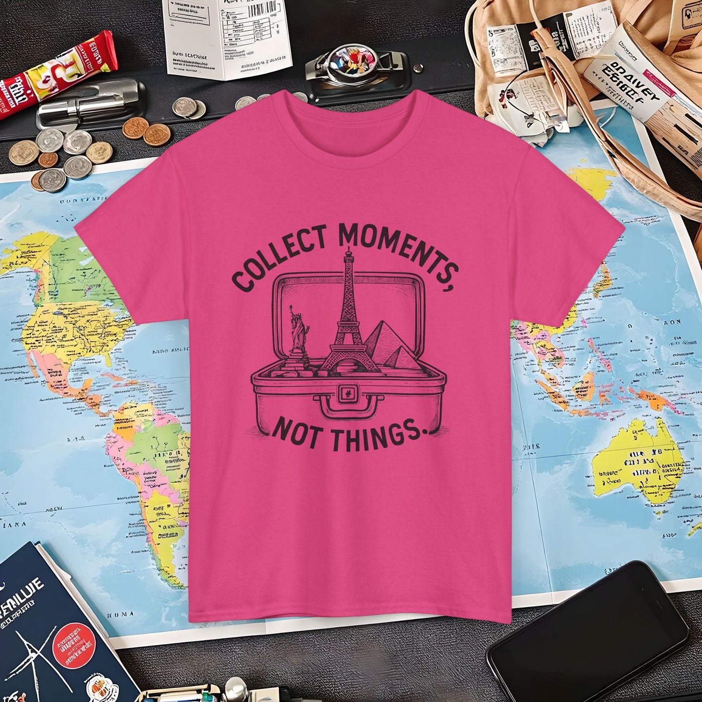 Collect Moments, Not Things T-Shirt – Inspirational Travel Quote Design Air Travel T-Shirts | Jetsetter, Airport, and International Flight Tees