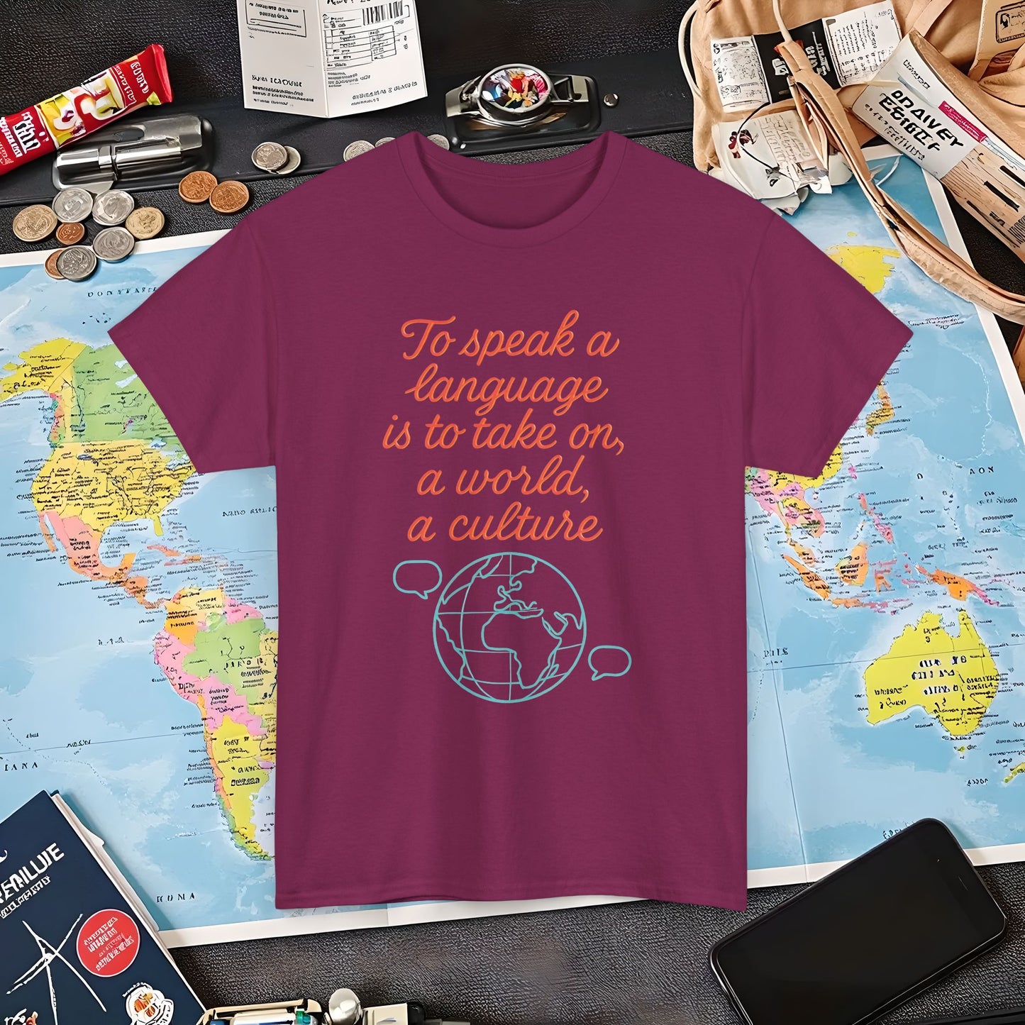 To Speak a Language Is to Take on a World – Cultural Connection Tee with Globe & Speech Bubbles | Layover Club Air Travel T-Shirts | Jetsetter, Airport, and International Flight Tees