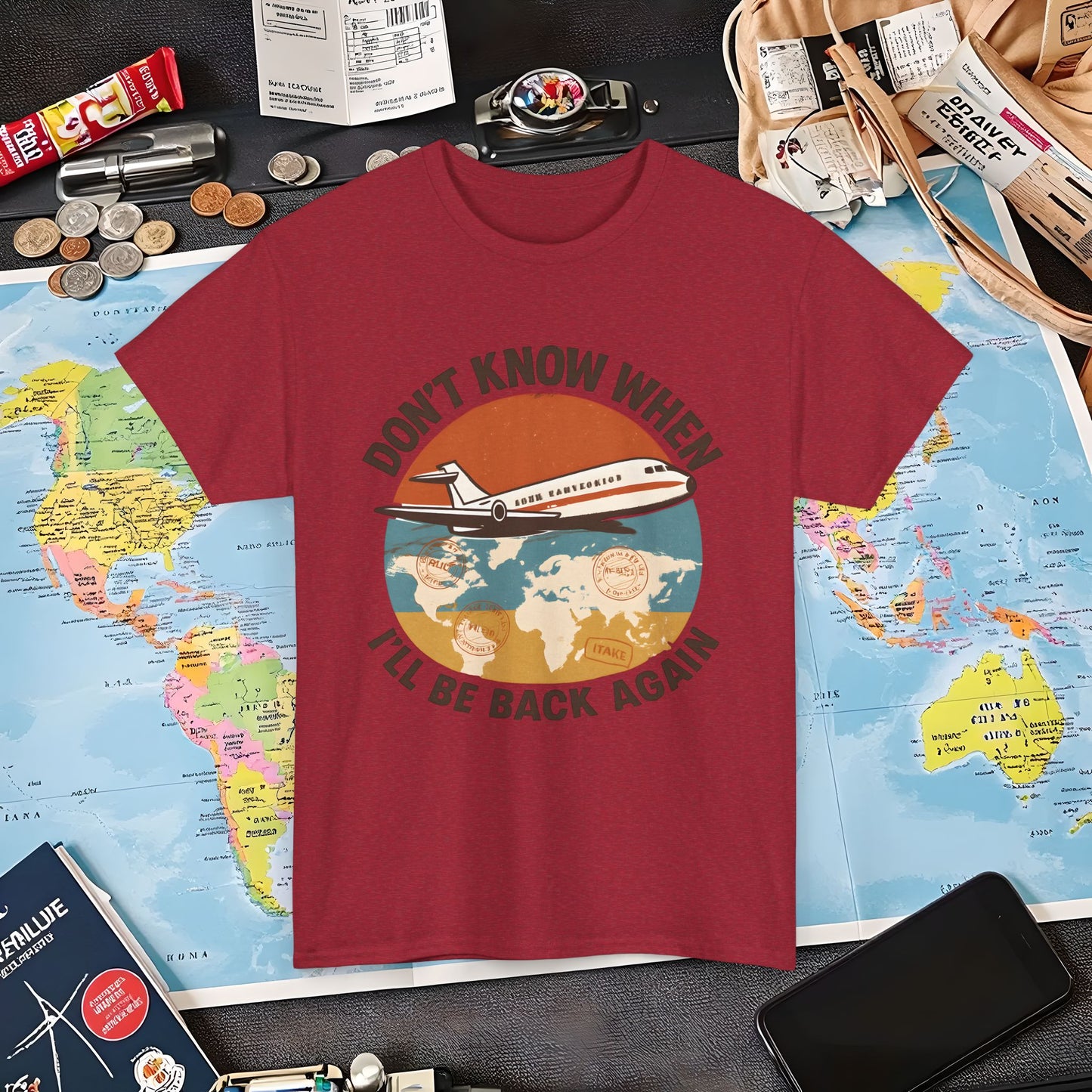 Don’t Know When I’ll Be Back Again T-Shirt – Retro ’70s Jet & Vintage Map Travel Design Air Travel T-Shirts | Jetsetter, Airport, and International Flight Tees