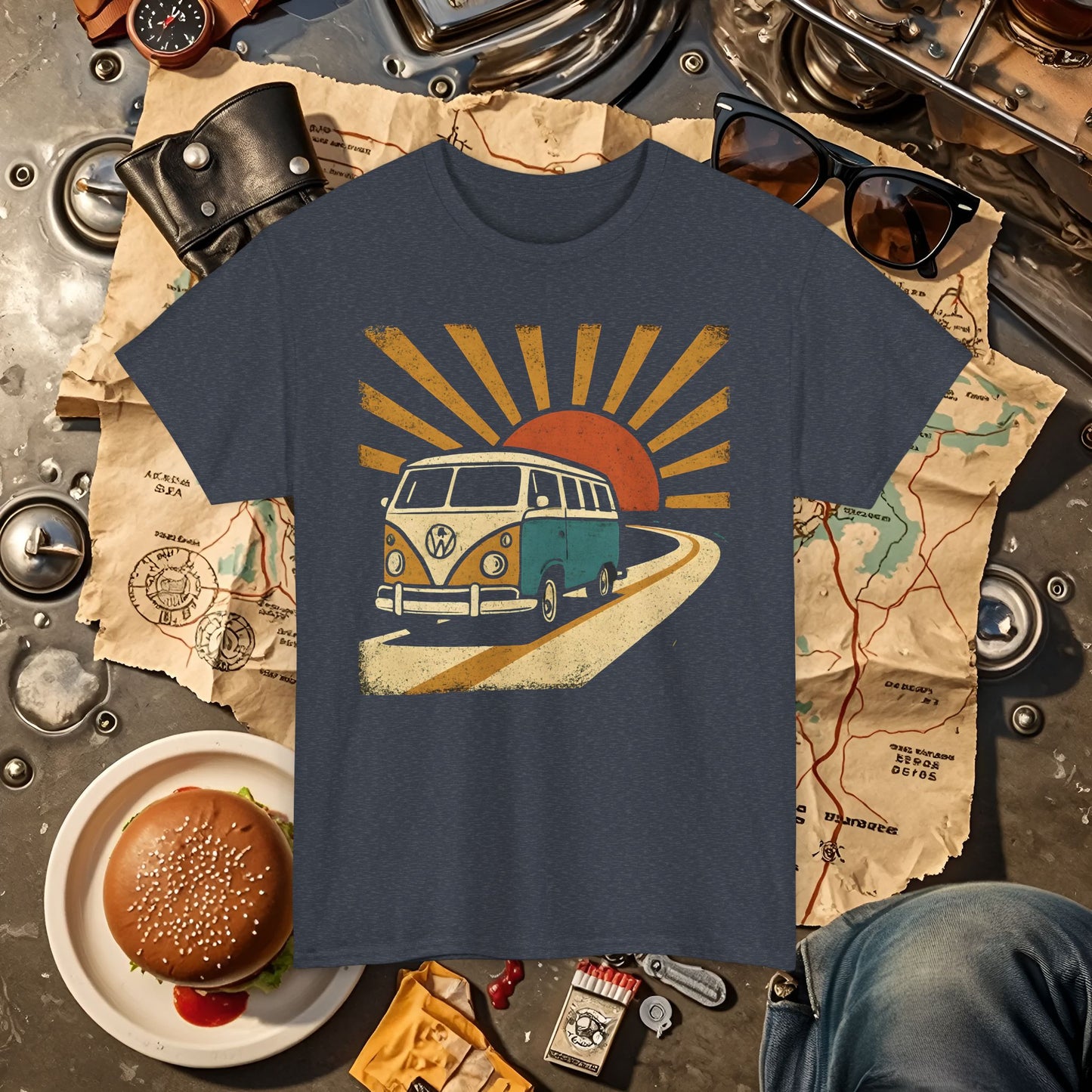 Sunset Road Trip T-Shirt – Vintage VW Van Adventure Design