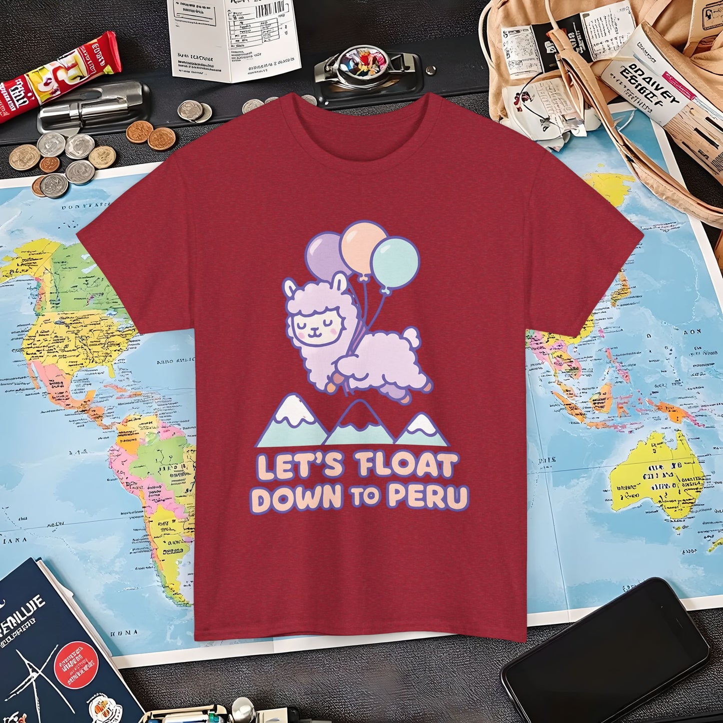 Let’s Float Down to Peru T-Shirt – Kawaii Alpaca Over Snowy Mountain Peaks Air Travel T-Shirts | Jetsetter, Airport, and International Flight Tees