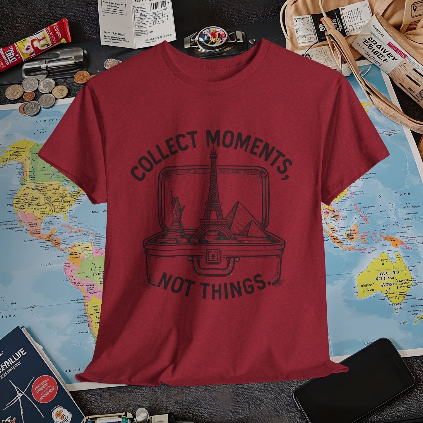 Collect Moments, Not Things T-Shirt – Inspirational Travel Quote Design Air Travel T-Shirts | Jetsetter, Airport, and International Flight Tees