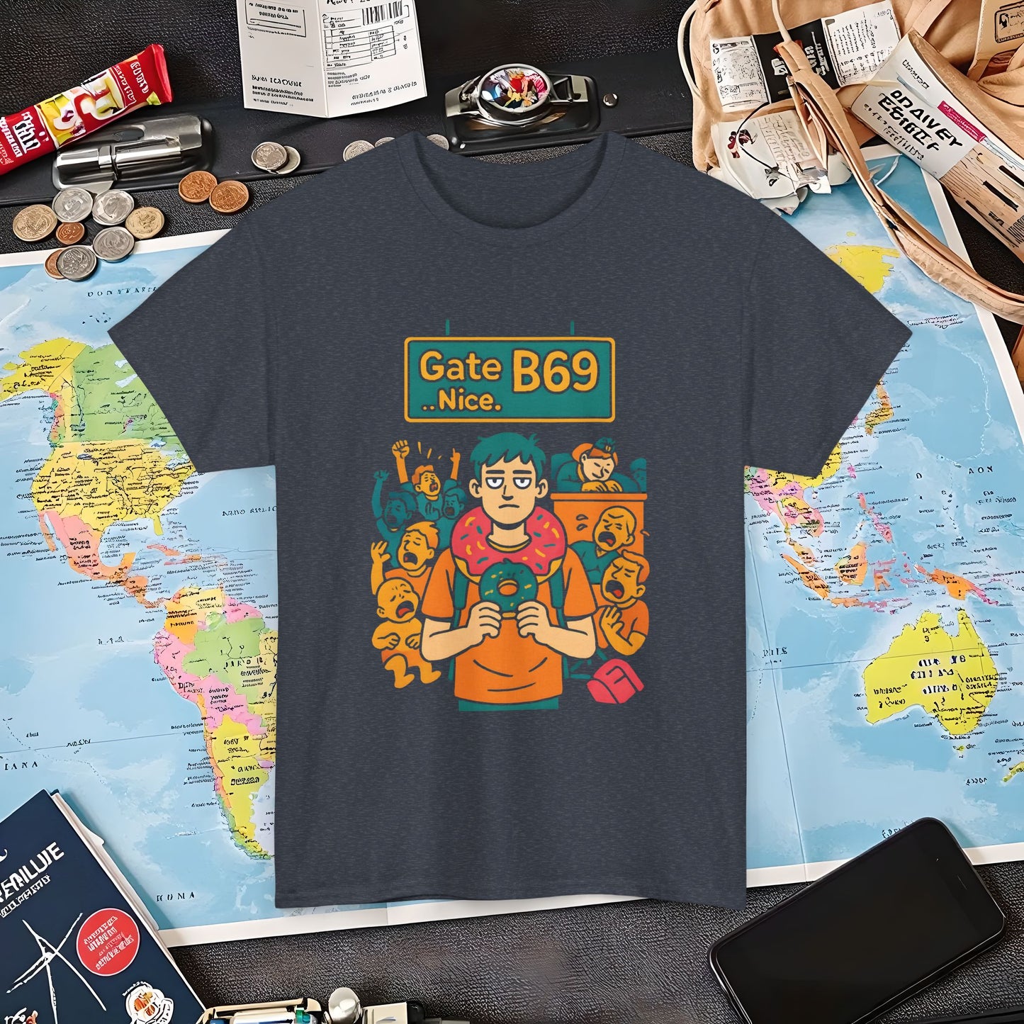 Gate B69 Deadpan Traveler T-Shirt — Chill at Chaotic Airport Terminal Layover Tee Air Travel T-Shirts | Jetsetter, Airport, and International Flight Tees