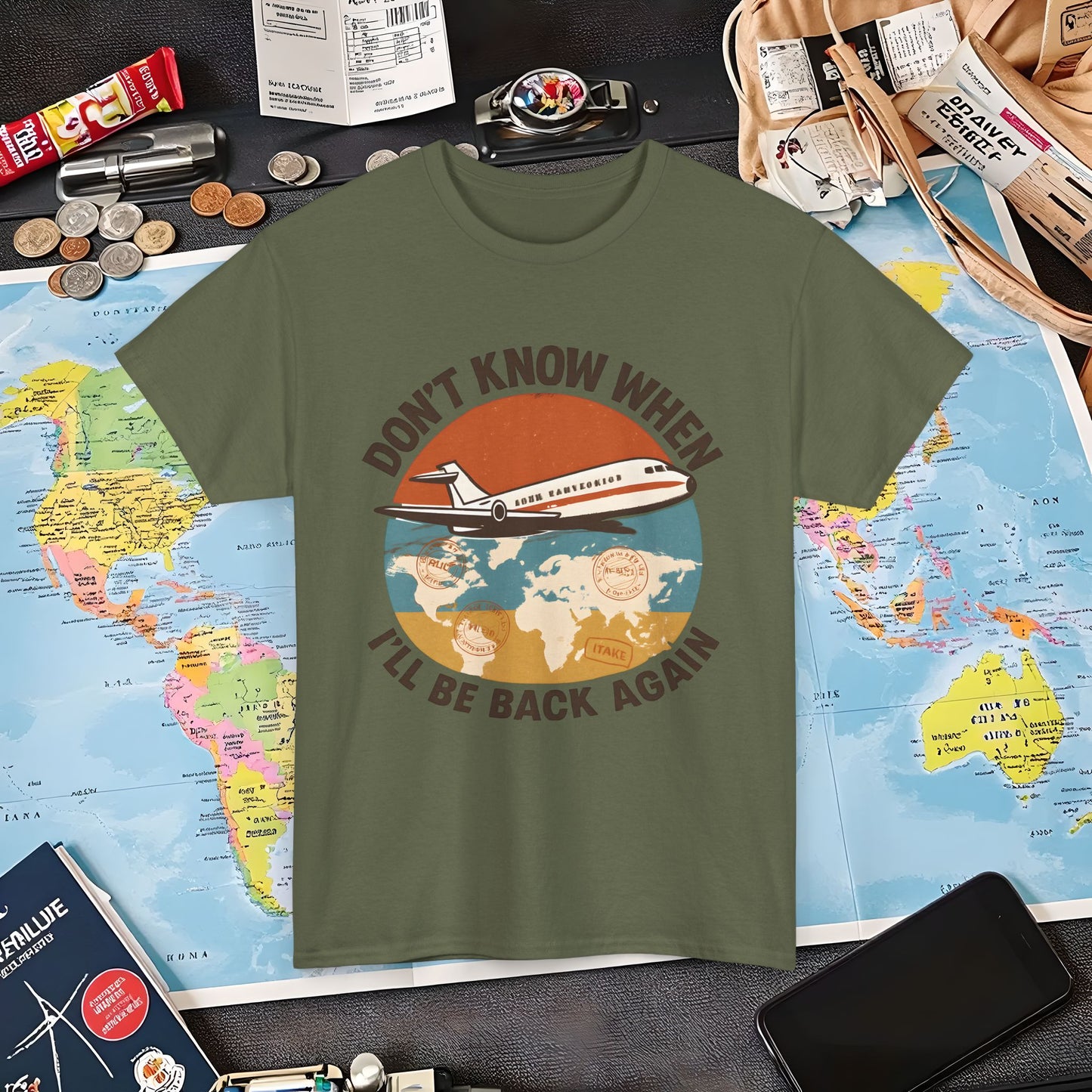 Don’t Know When I’ll Be Back Again T-Shirt – Retro ’70s Jet & Vintage Map Travel Design Air Travel T-Shirts | Jetsetter, Airport, and International Flight Tees